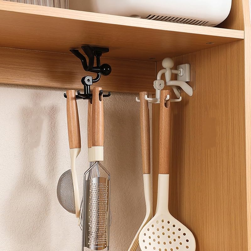 Ganchos para uso general giratorios de 360°, 2 piezas, ganchos para utensilios de cocina, ganchos autoadhesivos para debajo del gabinete, estante para utensilios con 6 ganchos para cocina, baño, gabinete debajo del gabinete, ganchos de cocina, estante para colgar multiusos