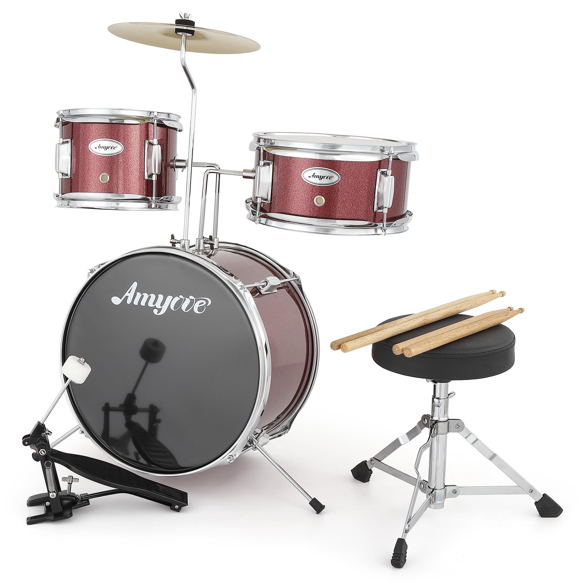 3-Teiliges Kinder Schlagzeug Set, Junior Drumset Aus Holz & Metall, Mit Hocker, Becken, Trommelstöcken & Fußpedal, Anfänger Drum Set Für Kinder Einsteiger