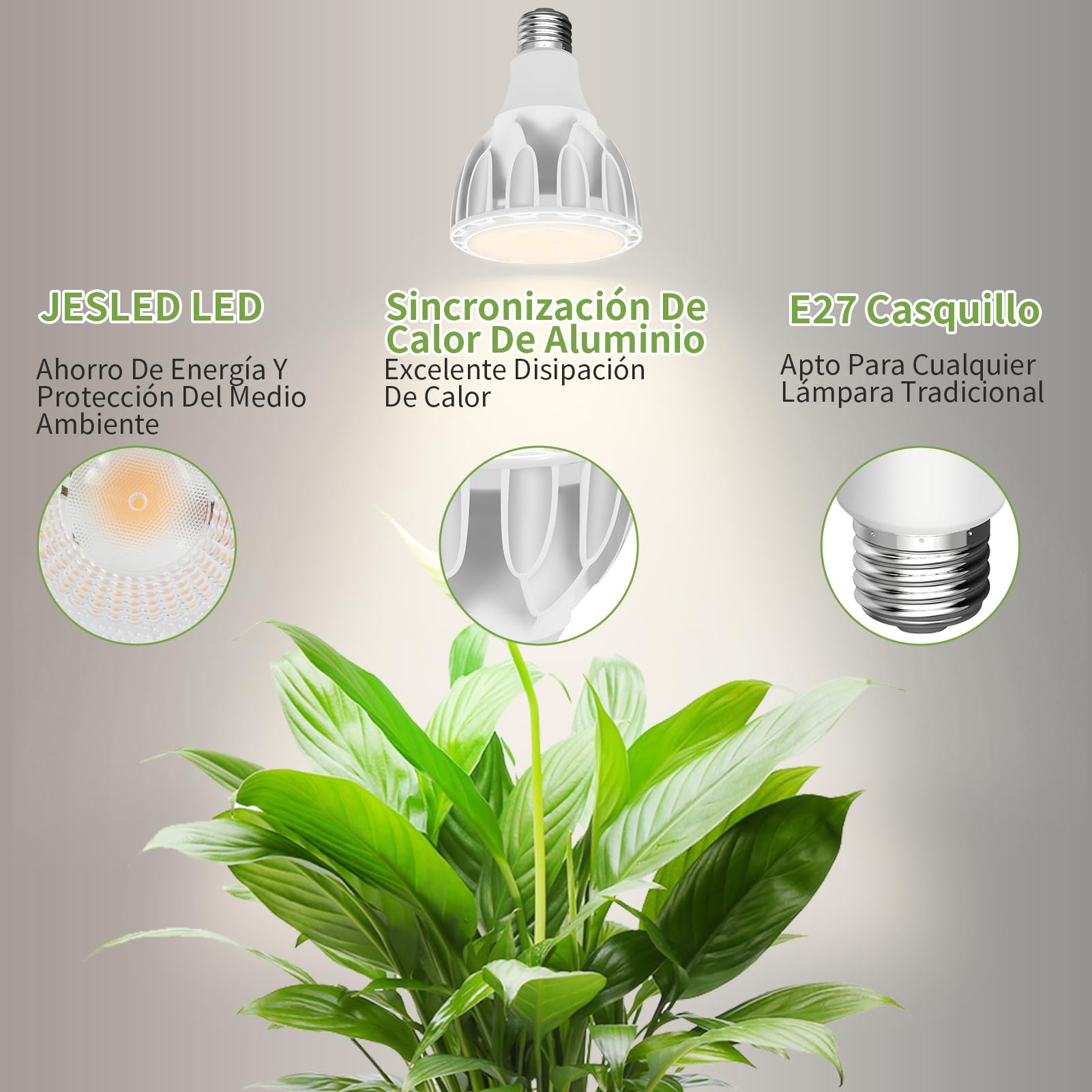 JESLED Lámpara LED de Espectro Completo Para Plantas de 30 W, E27, Luz de Crecimiento de 4100 K Adecuada Para Plantas de Interior, Alto PPFD Adecuado Para Verduras, Frutas, Plantas Y Flores