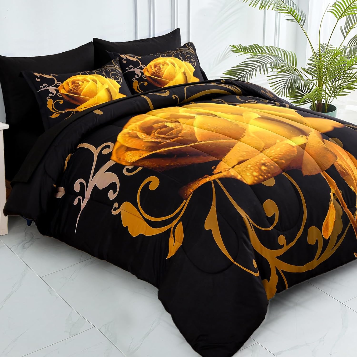 WONGS BEDDING Yellow Comforter Set Queen, Reversible Yellow Rose 7 Pieces Bed in a Bag, Lightweight Soft Microfiber Bedding Sets with Flat Sheet, Fitted Sheet, Pillowcases & Shams
