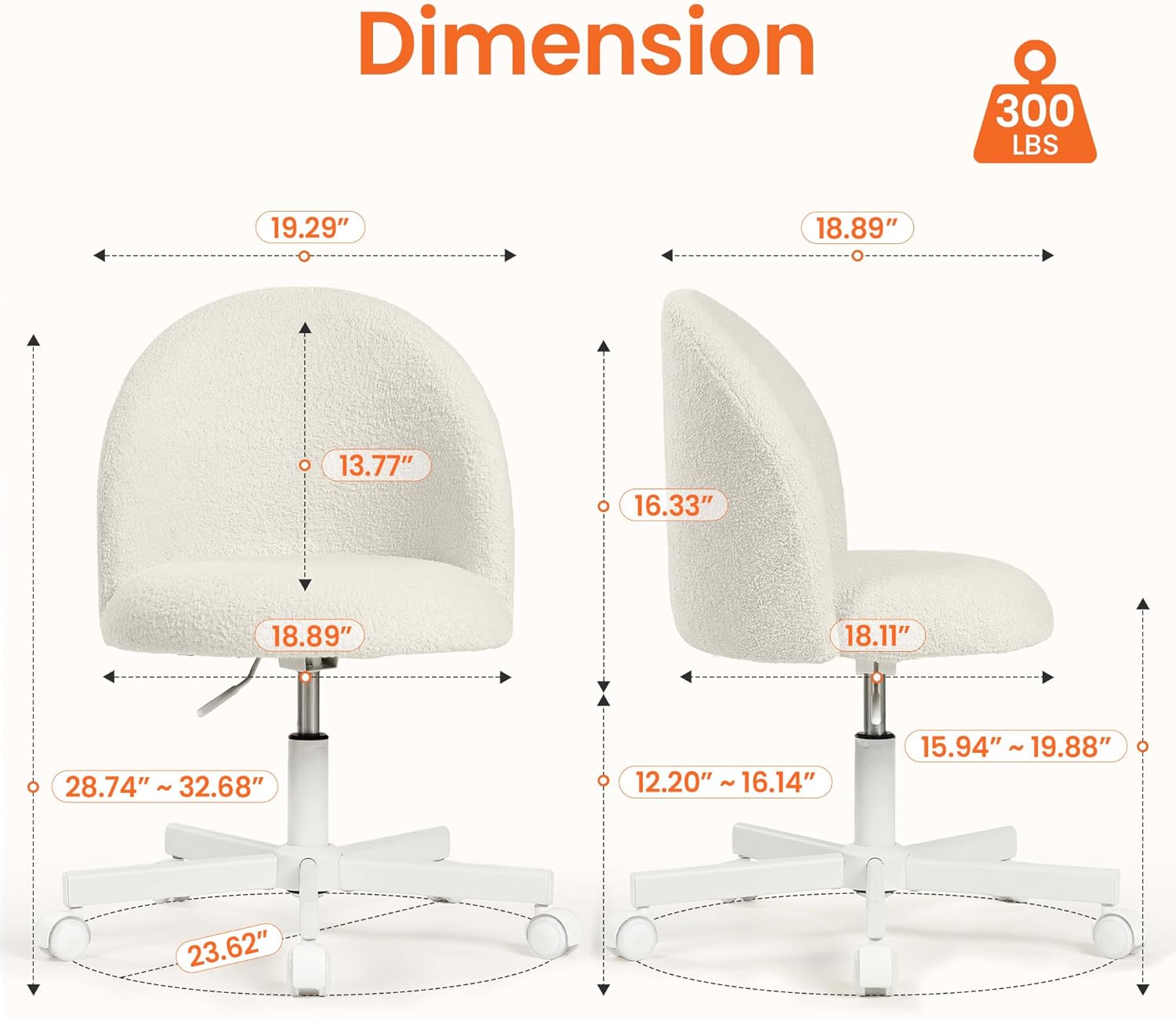 NEO CHAIR Office Vanity Chair with Wheels Comfy Desk Chair for Girls Cute Computer Small Armless Adjustable Height Swivel for Home Bedroom Task (White)