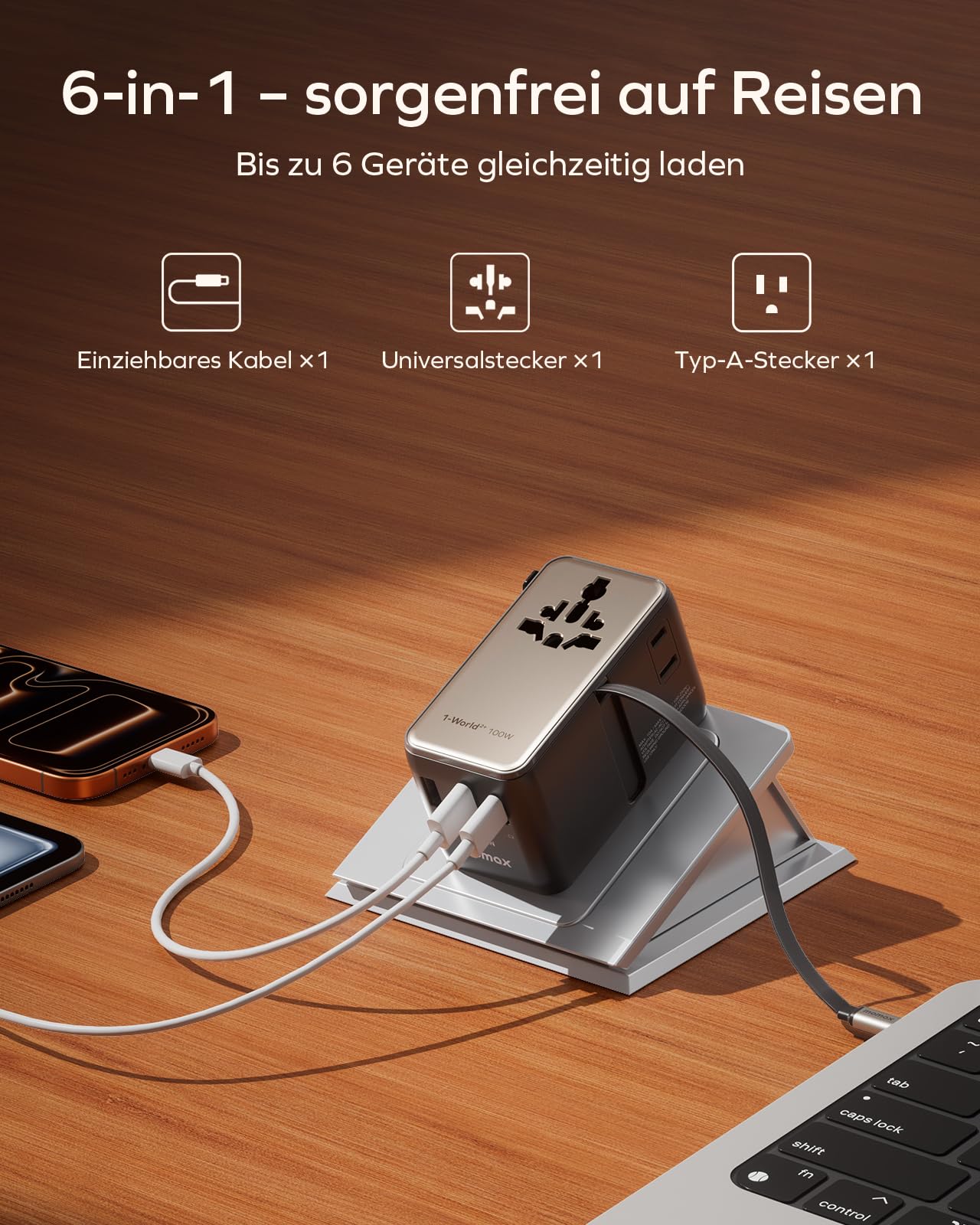 MOMAX 100W Reiseadapter Weltweit mit Ausziehbarem Kabel, Travel Adapter Worldwide mit 2 AC, 3 USB C und 1 USB A, Universal Adapter für Laptops und Handys - Titanium