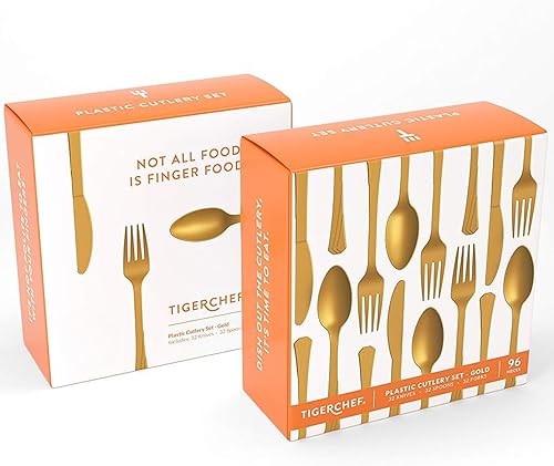 Miniatura 2 de Juego de cubiertos de lujo de plástico dorado (24 unidades), juego de cubiertos de alta calidad y elegante, duradero y desechable, ideal para