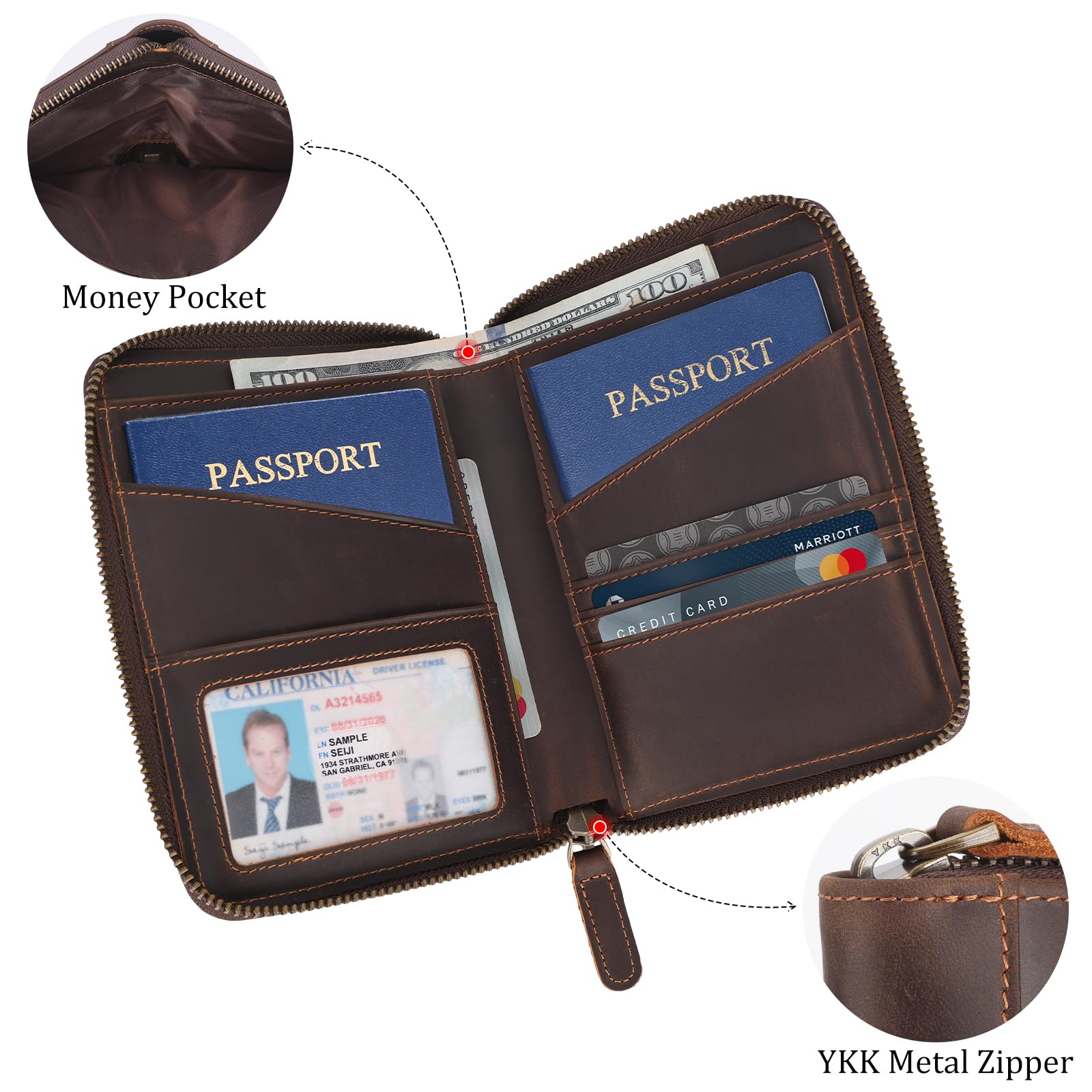 Polare Reisepasshülle aus Vollnarbenleder und RFID-blockierender, Faltbarer Reisepasshülle, Reisedokumenten-Organizer, Halter für 2 Reisepässe