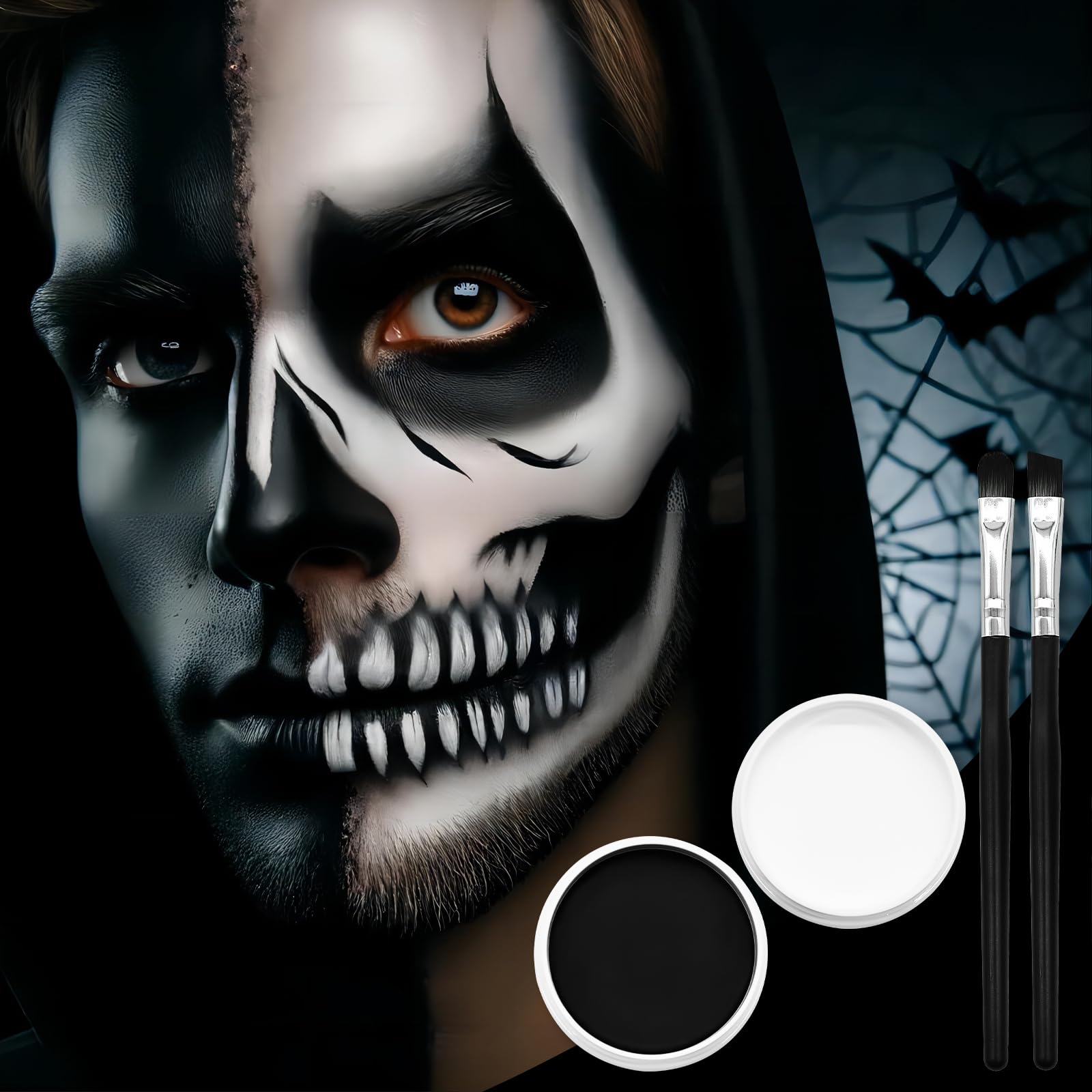 Juego de pintura facial en blanco y negro, 2.47 onzas, pintura facial de Halloween, esqueleto, calavera fantasma, disfraz de cosplay, cadáver SFX profesional, kit de maquillaje de efectos especiales 5