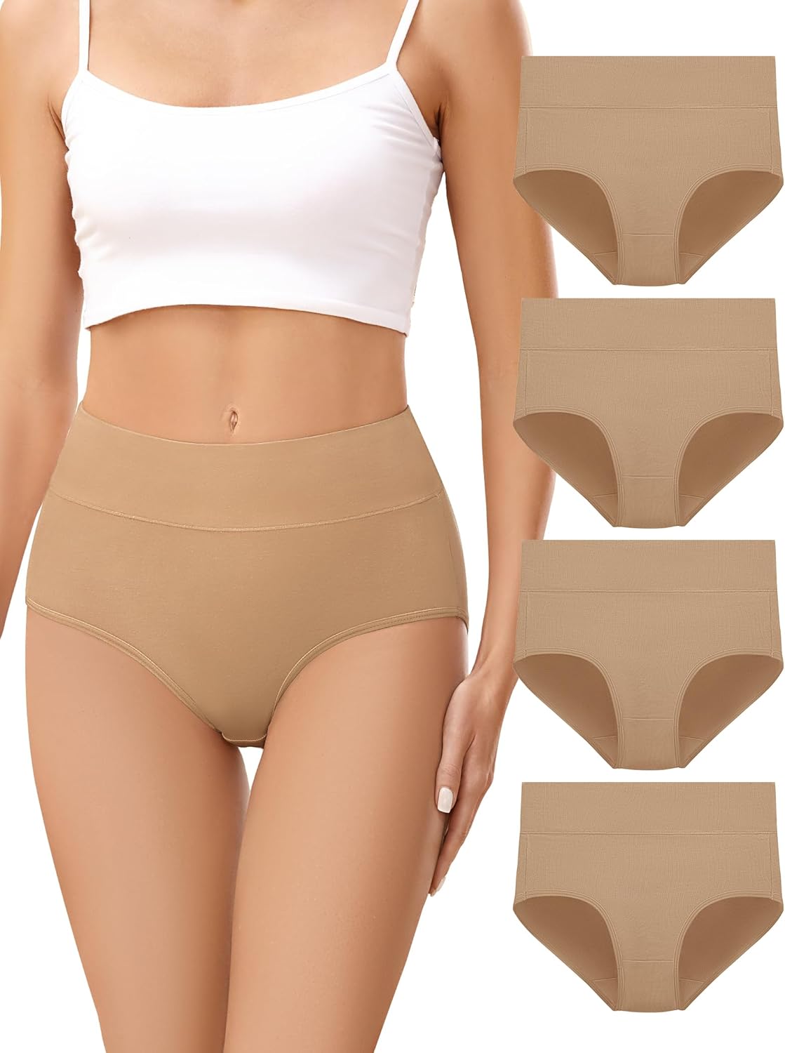 voenxe Cotton Underwear for Women,High Waisted Ladies Panties,Breathable Soft Full Coverage Briefs,Comfy Underpants,4 Pack