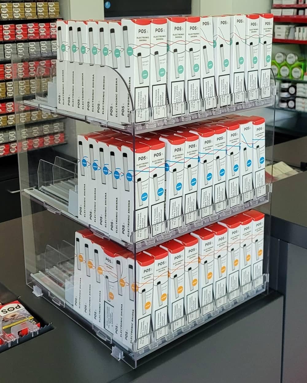 Pos Tuning 30-Facing 3-Tier Pop-Up Display with Auto-pushing system for Slim-Packaged Products, Cosmetics, Vapes, Electronics, to Display on Countertops of Convenience Stores