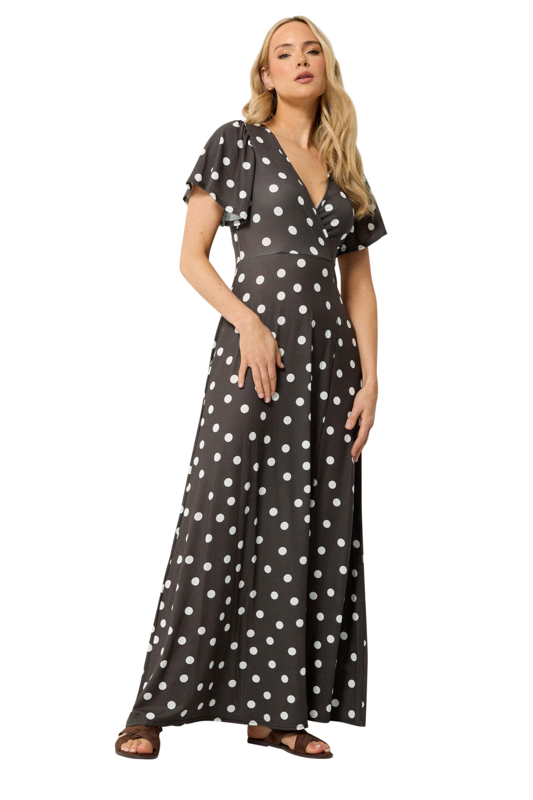 Long Tall Sally - LTS Tall Brown Polka Dot Wrap Maxi Dress - Women's