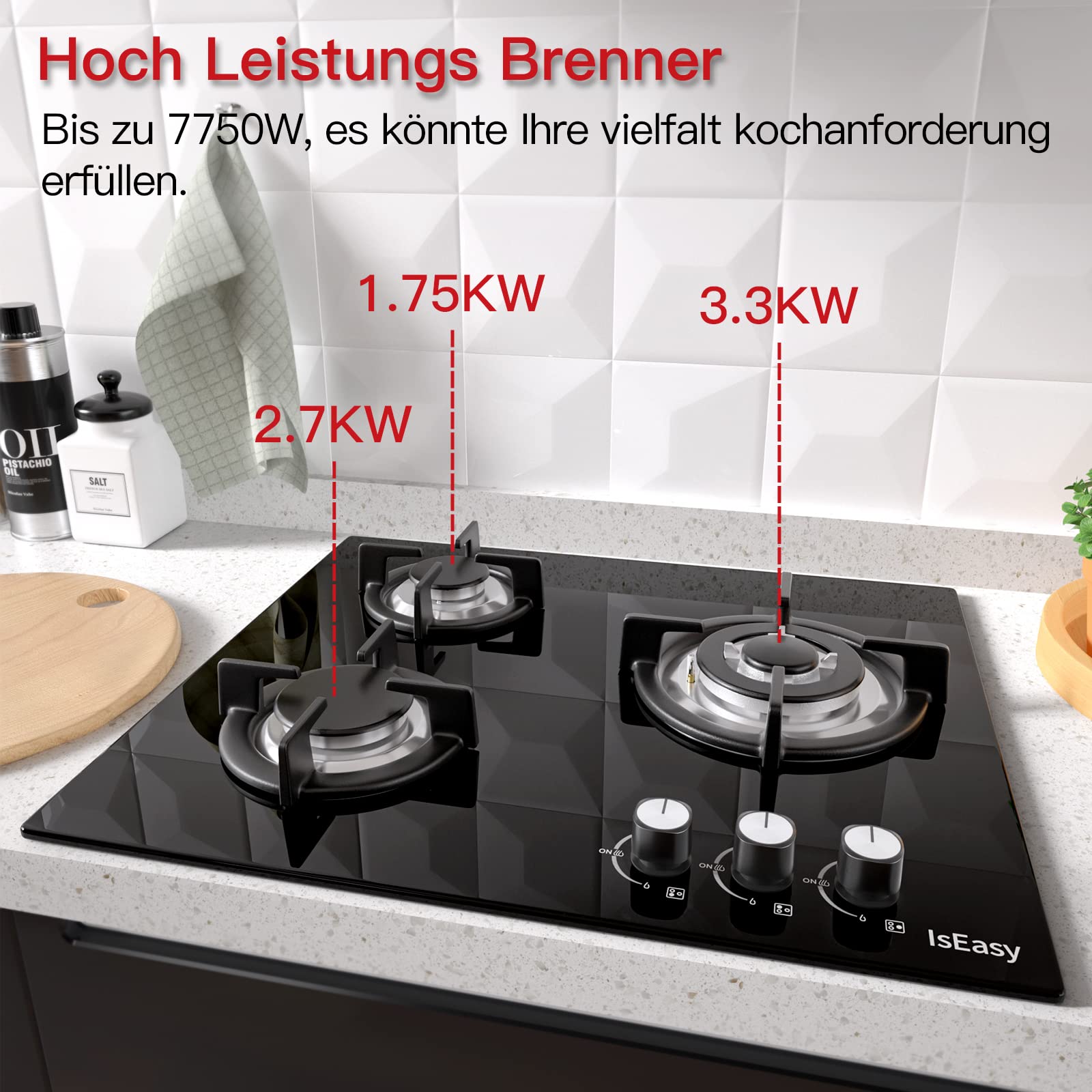 Glas Gaskochfeld 3 Flammig 60cm 220-240V Erdgas Propangas Schwarz