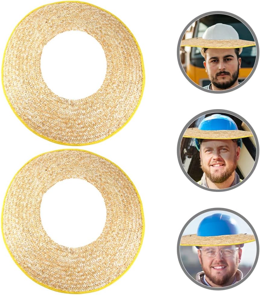 OSALADI Straw Hard Hat Sun Shade 2PCS Full Brim Hard Hat Visor with Chin Strap Hard Hat Sunshield Cover Straw Sun Visor for Hard Hat Accessories
