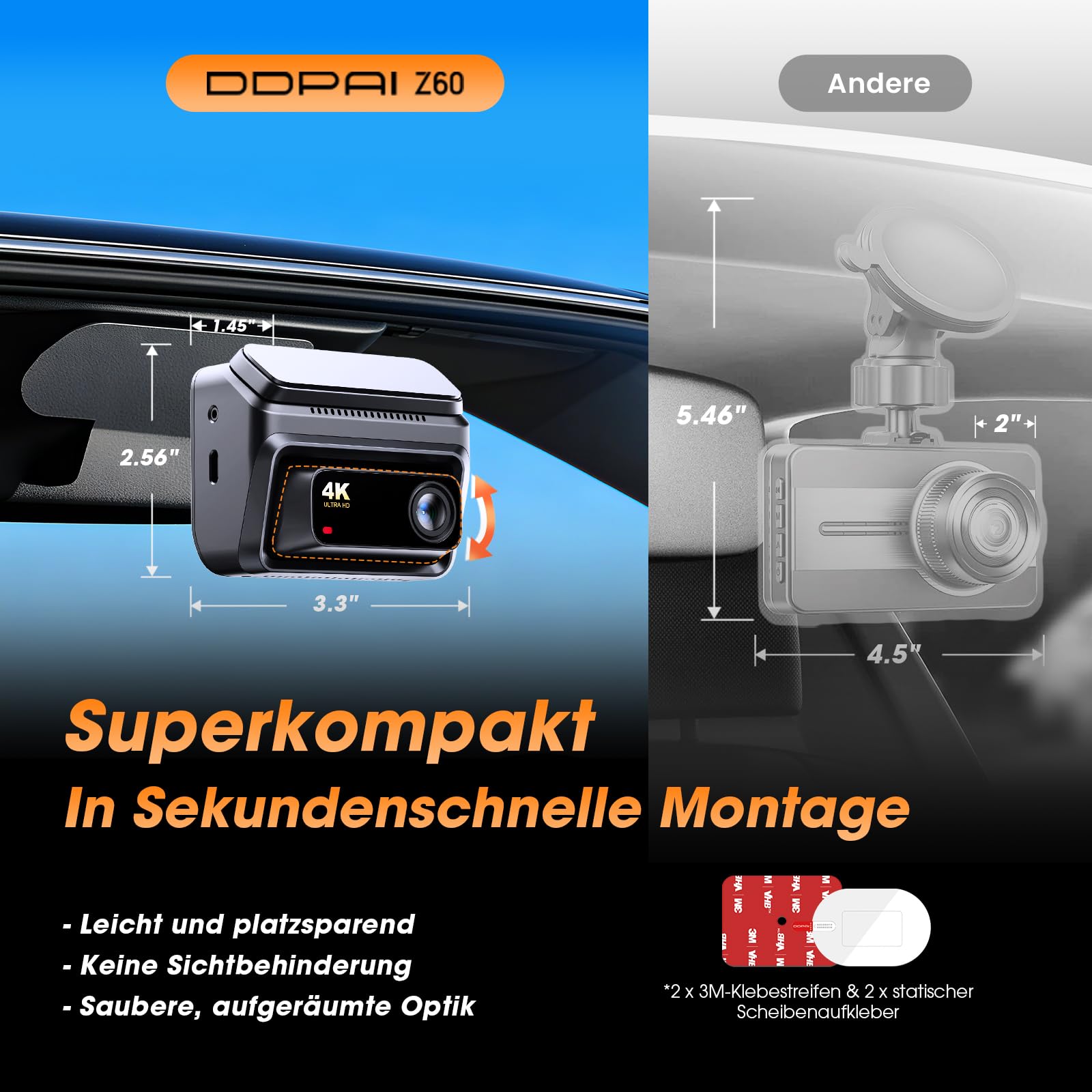 DDPAI Z60 Dashcam Auto Vorne Hinten 4K+1080P, Integriertem 32GB eMMC/4G LTE