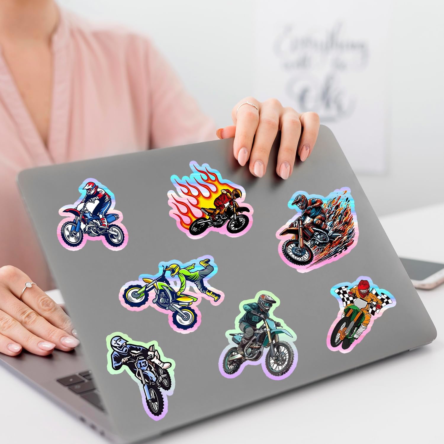 120 PCS Holographic Dirt Bike Stickers Motocross Party Favors Motocross Gifts Dirt Bike Accessories Motorbike Vinyl Waterproof Decals Motorcycle Party Supplies Motorcycle Stickers for Water Bottle image 4