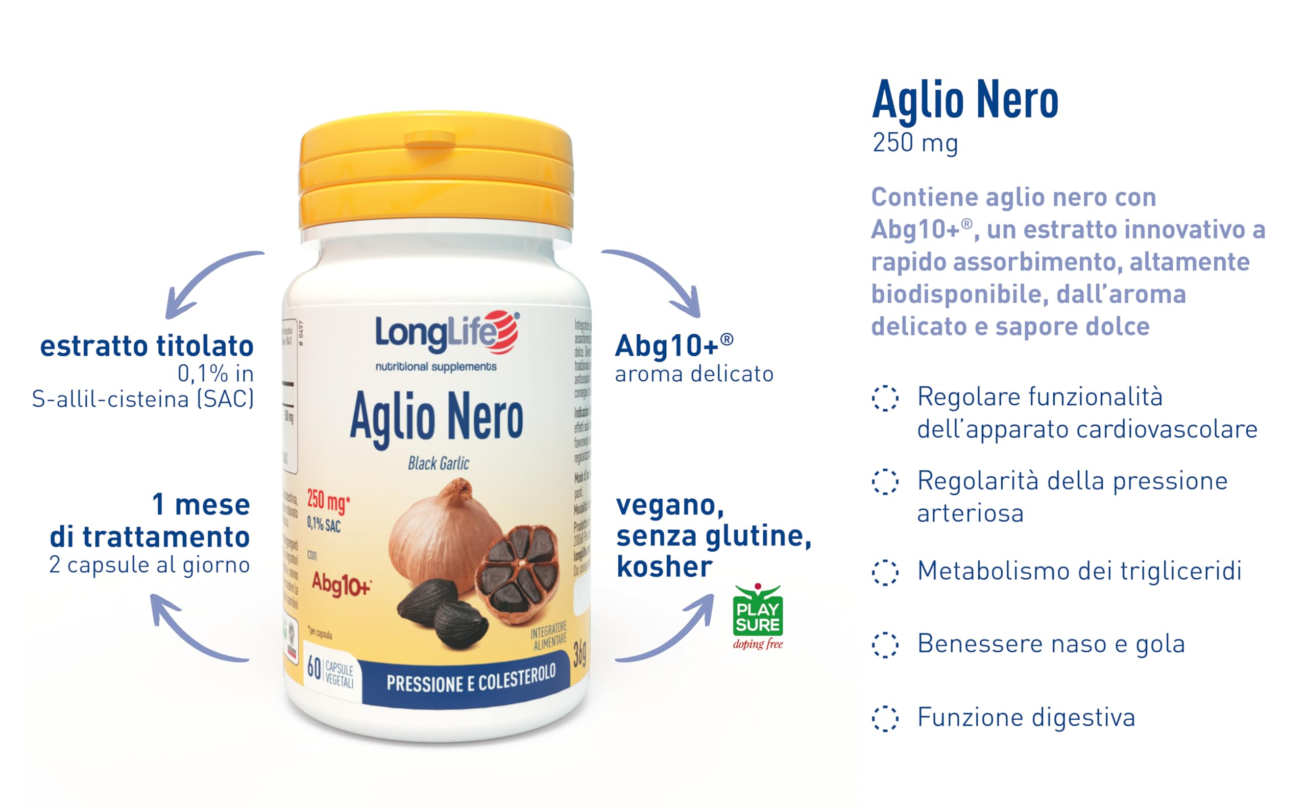 LongLife® Aglio Nero | Estratto fermentato 250mg | Titolato in S-allil-cisteina (SAC) 0,1% | Supporto cardiovascolare e antiossidante | Fino a 1 mese di trattamento | Vegano e Senza glutine