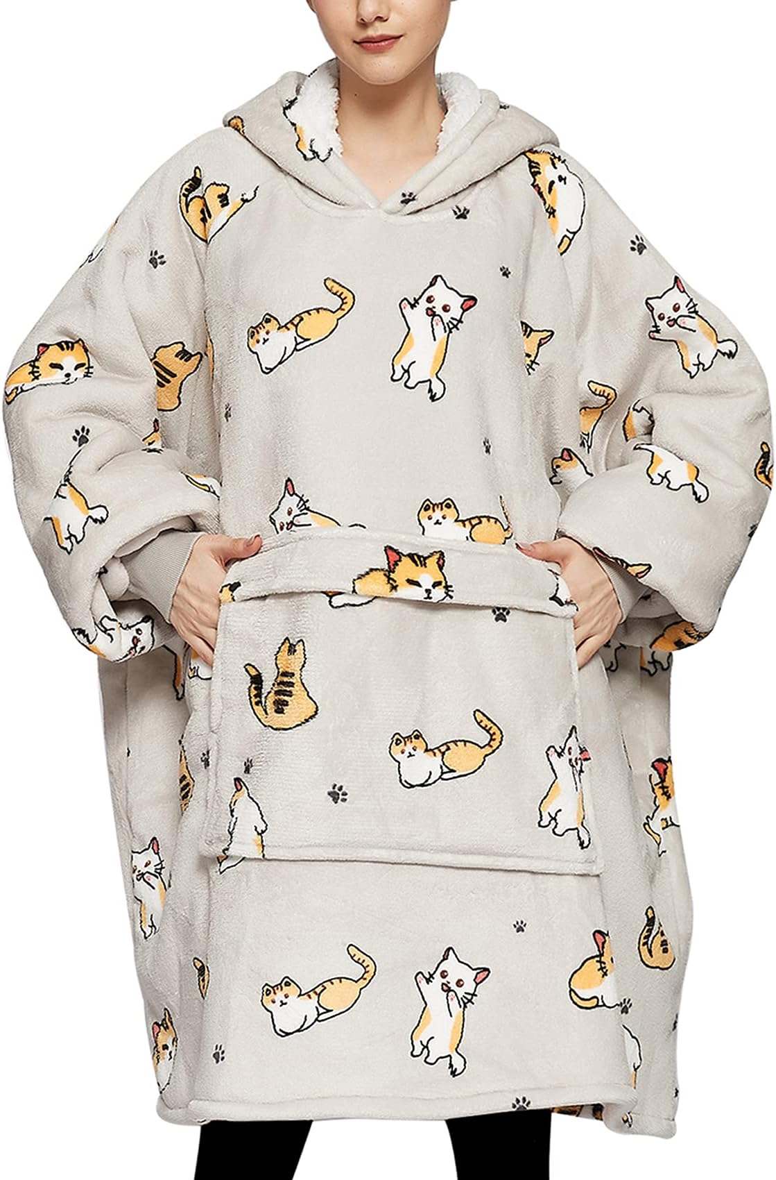 KFUBUO Wearable Blanket Hoodie for Adults Sherpa All Patterns Cat Oversized Sweatshirt Blanket with Pockets for Women