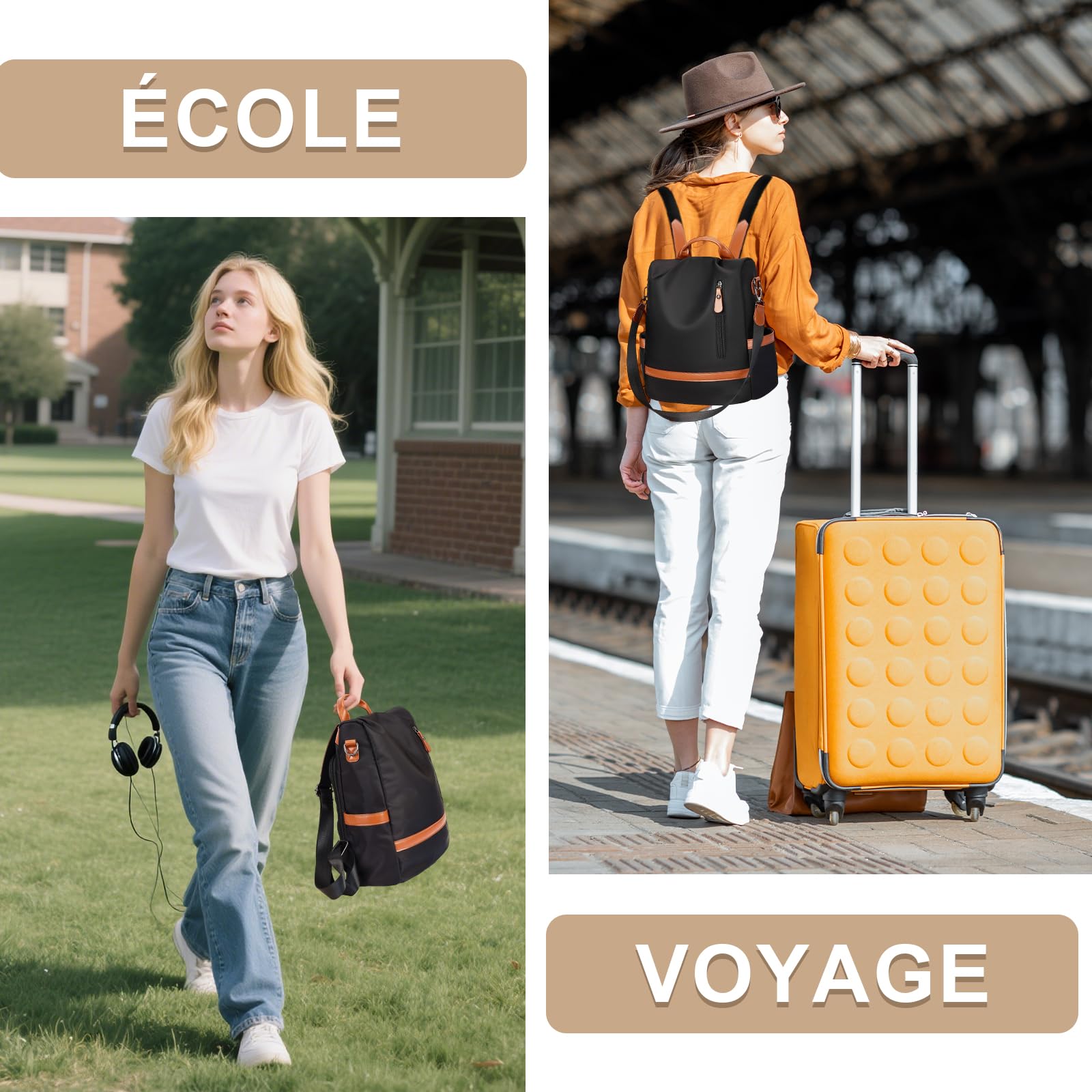 Eshow Sac a Dos Femme Antivol, Sacs à Main Portés Dos Elégant Léger, Petit Sac Bandoulière avec Pochette pour Voyage Travail Loisirs Université Noir