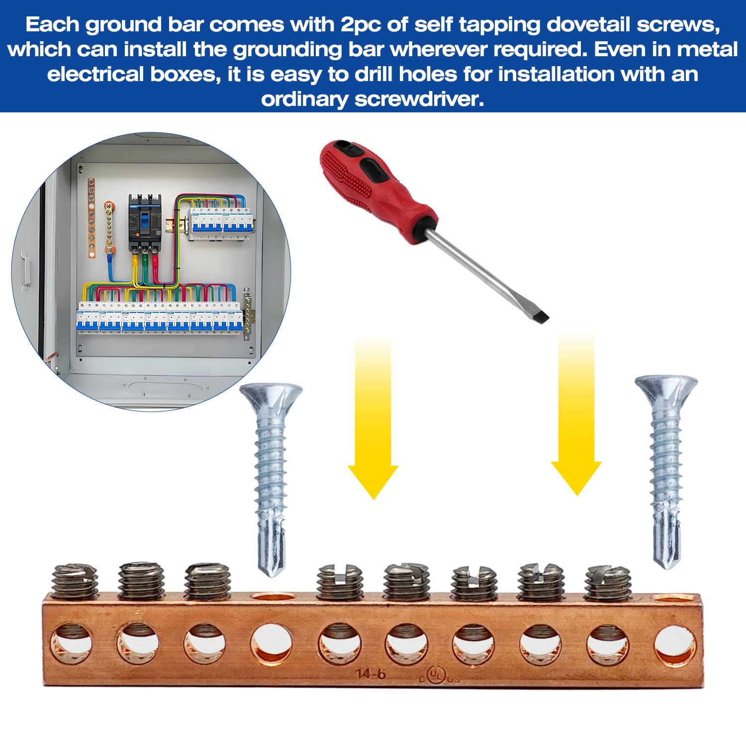 UL Certified Ground Bar Kit, Max Wire Dia 4 AWG，Copper Clad Aluminum Mechanical Lugs with Self Tapping Dovetail Screws (8 Terminal Position, 10pc)