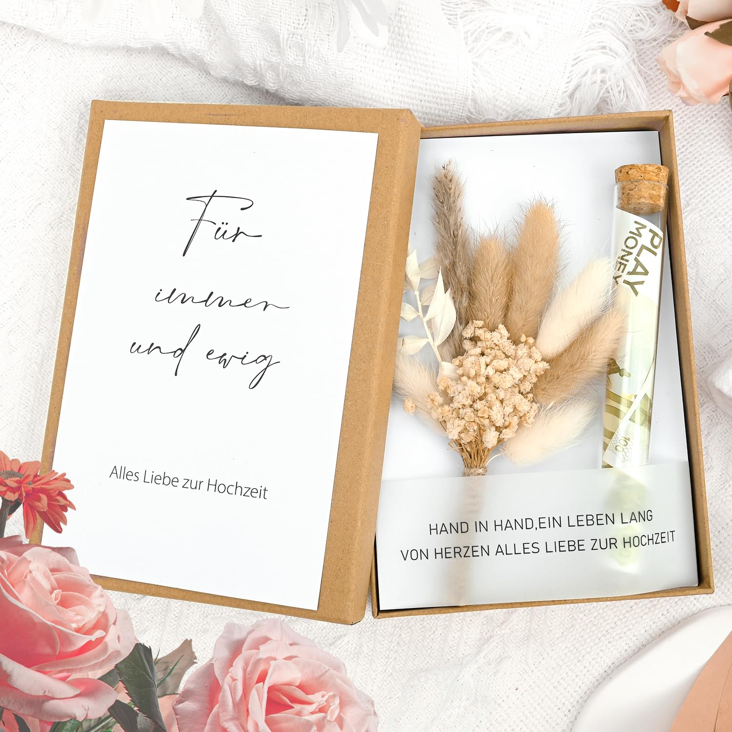 Wedding Money Gift Set with Dried Flowers, Greeting Card, Plastic Test Tube, Kraft Paper Gift Box, Ribbon Packaging for Bride and Groom(Style 1) - Image 3