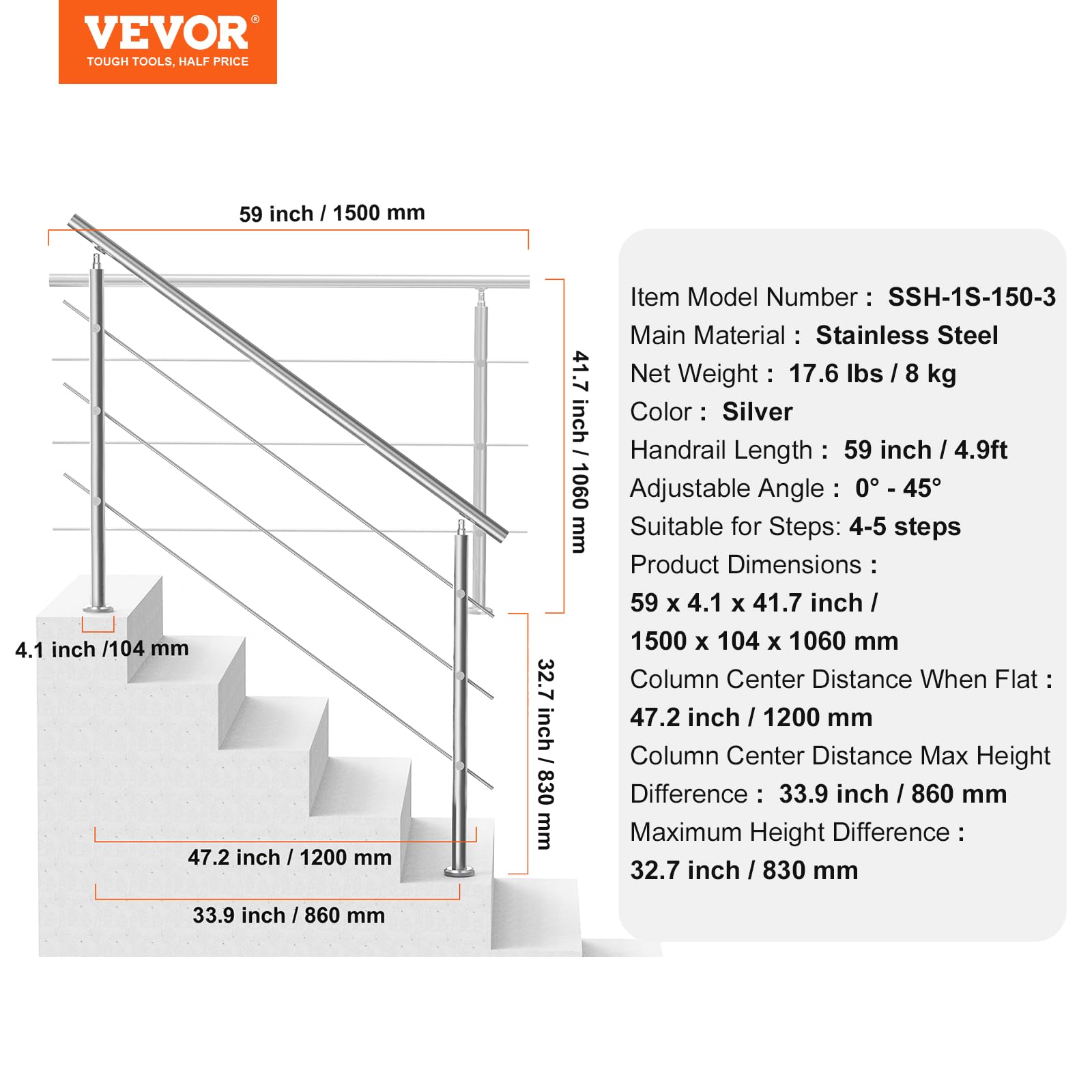 VEVOR Corrimano per Gradini Esterni, Kit Corrimano per Scale 3 Traverse 150 cm Lunghezza, Ringhiere Transizione Acciaio Inox Kit Installazione, Corrimano Scale Doppia Colonna per Veranda e Terrazza