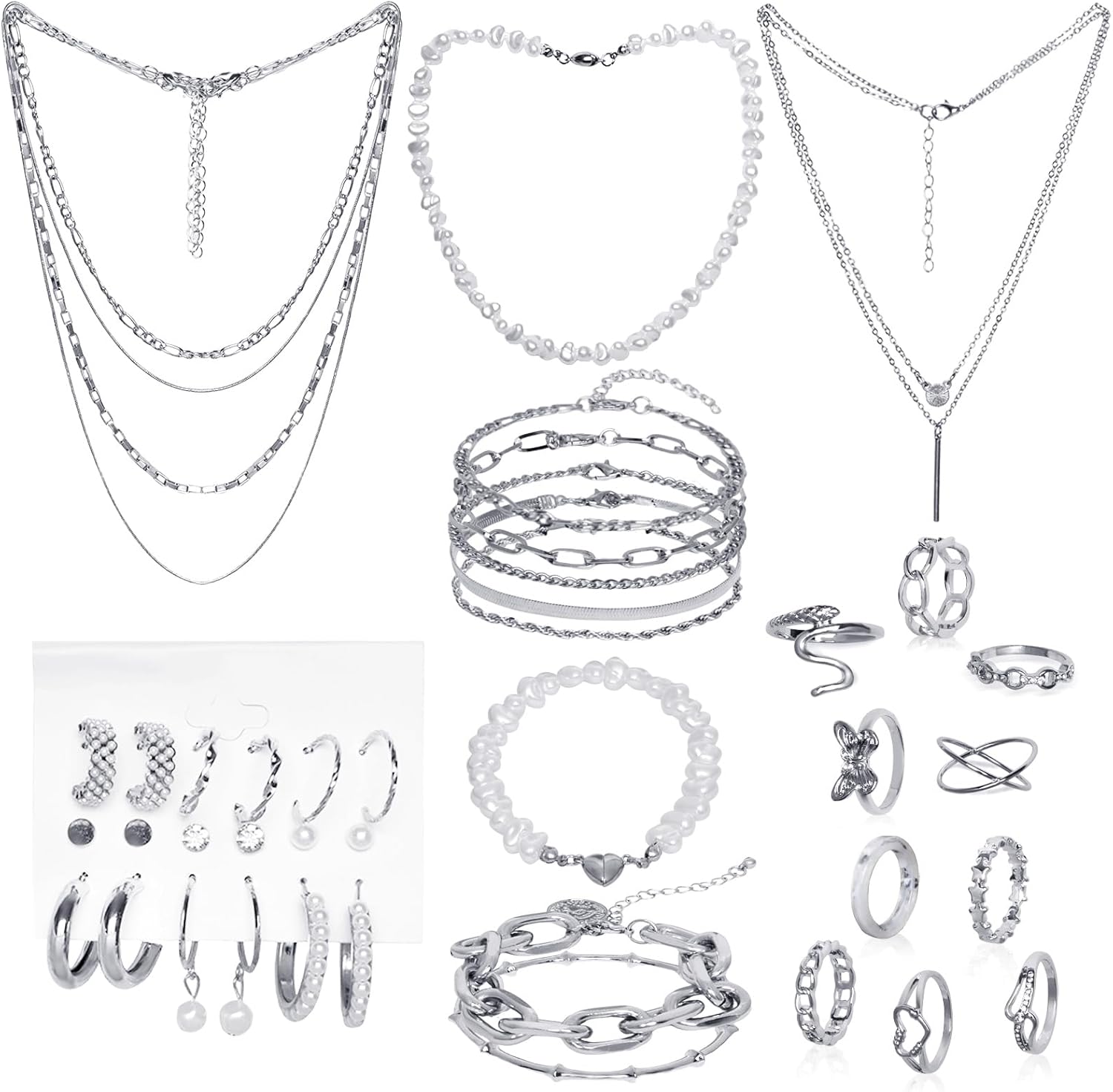 34 Pcs Silver Jewelry Set for Women Layered Bracelets Ball Dangle Hoop Earrings Stackable Knuckle Rings Set Dainty Adjustable Necklaces Valentine Anniversary Trendy Party Costume Accessories Jewelry