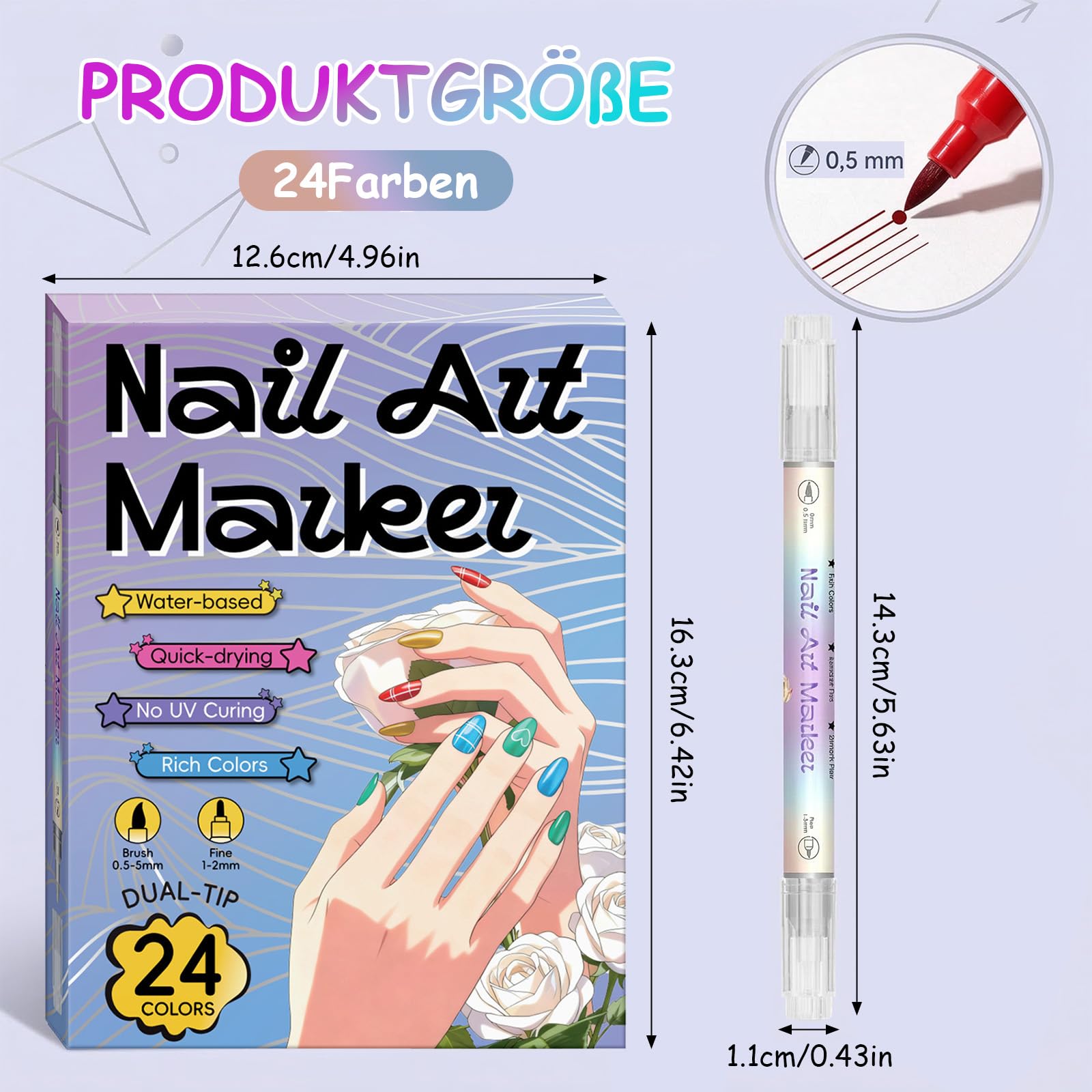 24 Farben Nagellack Stift Set, 0.5mm Nail Art Marker für 3D-Nagelkunst, Nagellackstifte für Nägel Kinder, Nageldesign für DIY Nagelkunst, Premium-Schnelltrocknungsformel