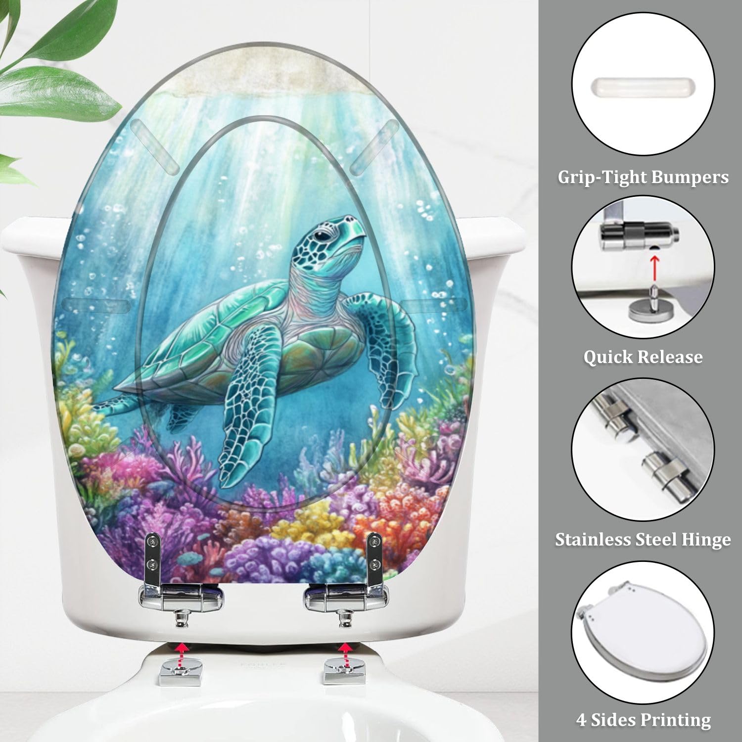 Elongated Resin Toilet Seat with Ocean Turtle Coral Scene, Quiet Close