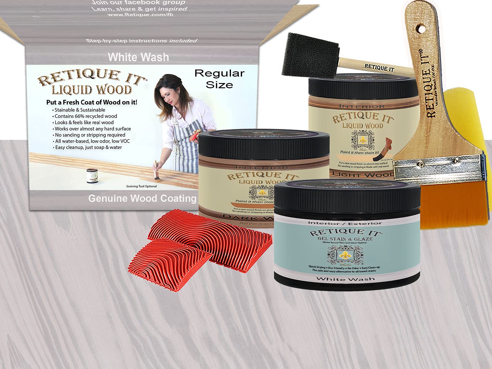Retique It Gel Stain Liquid Wood Kits Real Paintable Wood. (1x Reg (50 sq ft), Rustic Finish, 98 White Wash)