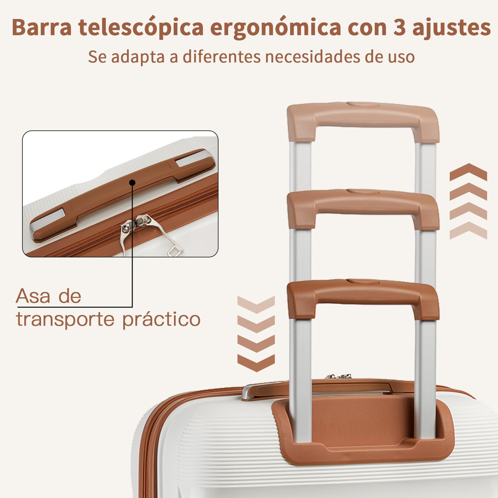 Kono Juego de Maletas de Viaje 4 Piezas PP - Equipaje con Ruedas 360° Silenciosas, Candados TSA e Incluye Estuche de Cosméticos para Toda la Familia (Crema/Marrón)