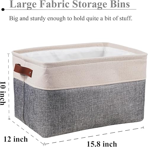 Miniatura 3 de Cestas de almacenamiento de tela grandes para estantes, contenedores rectangulares de tela plegables con asas de cuero, color gris, 15.8 pulgadas de