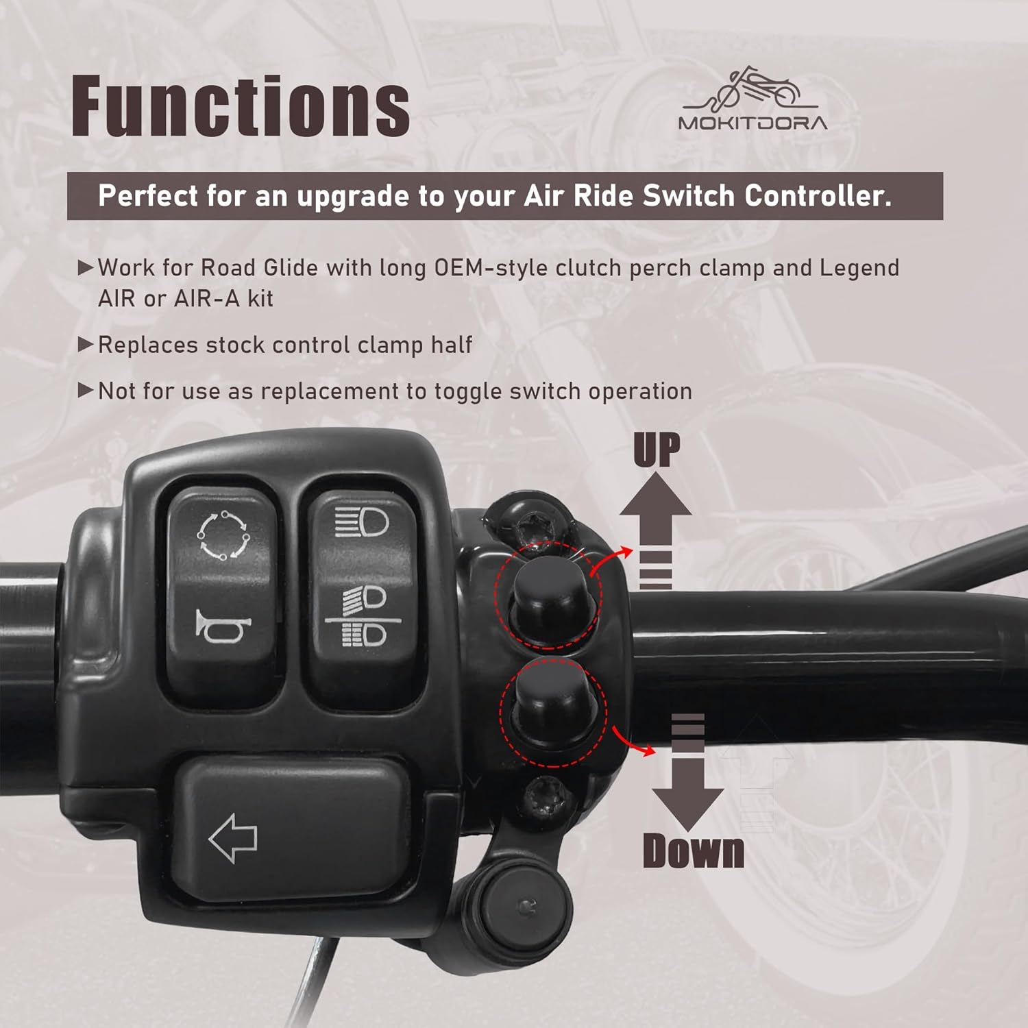 MoKitDora Air Ride Suspension Control 1" Handlebar Switch Kit for Harley 2015-2024 Touring Road Glide Ultra Special FLTRXS Custom FLTRX FLTRU Limited FLTRK FLTRXST FLTRUSE with AERO Systems, Black