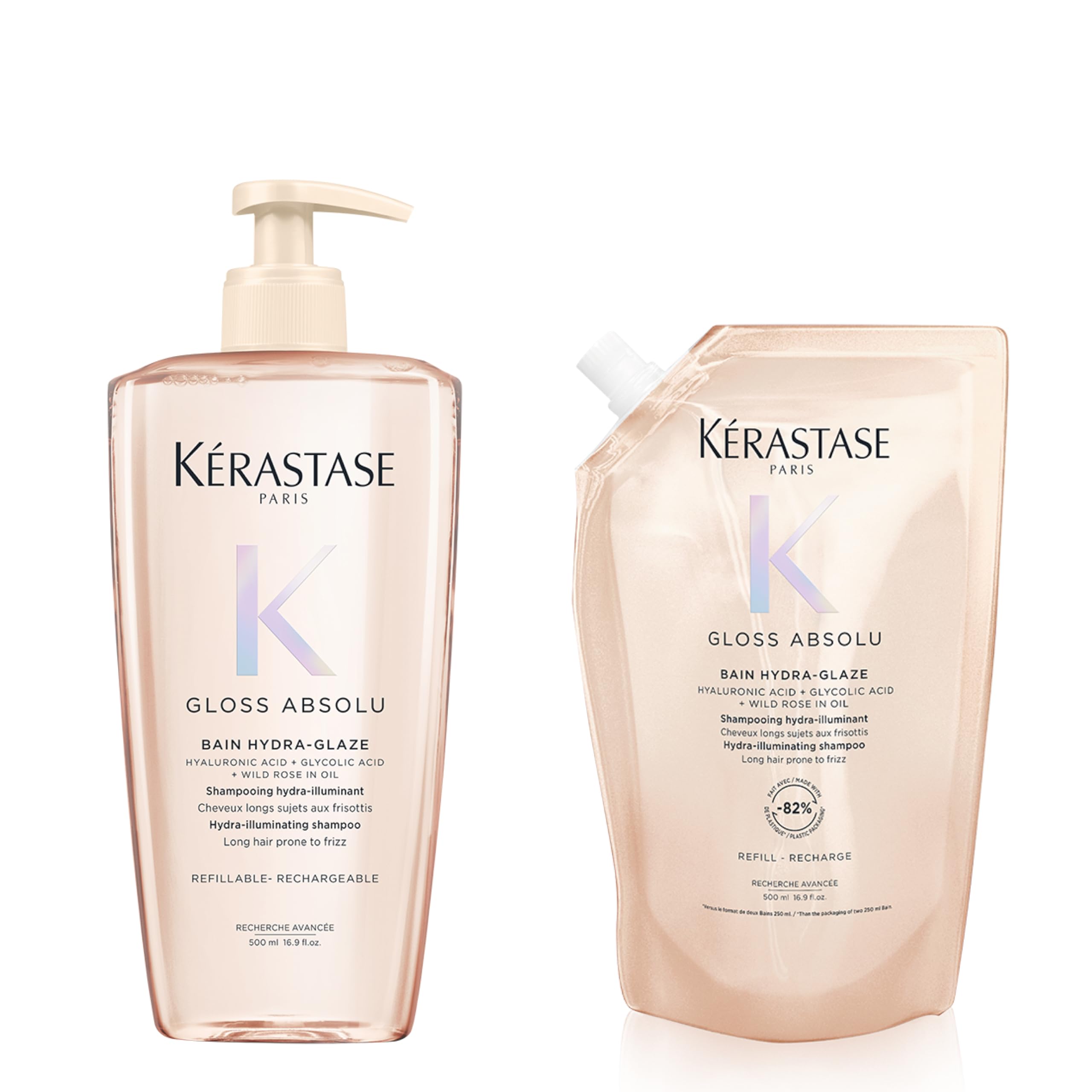 Kérastase Gloss Absolu Pflegeset mit Bain Hydra-Glaze Shampoo (2x500ml), Ideal zum Nachfüllen. Für langes, zu Frizz neigendes Haar, Mit Hyaluronsäure, Glykolsäure und Wildrosenöl, Für Glanz & Volumen