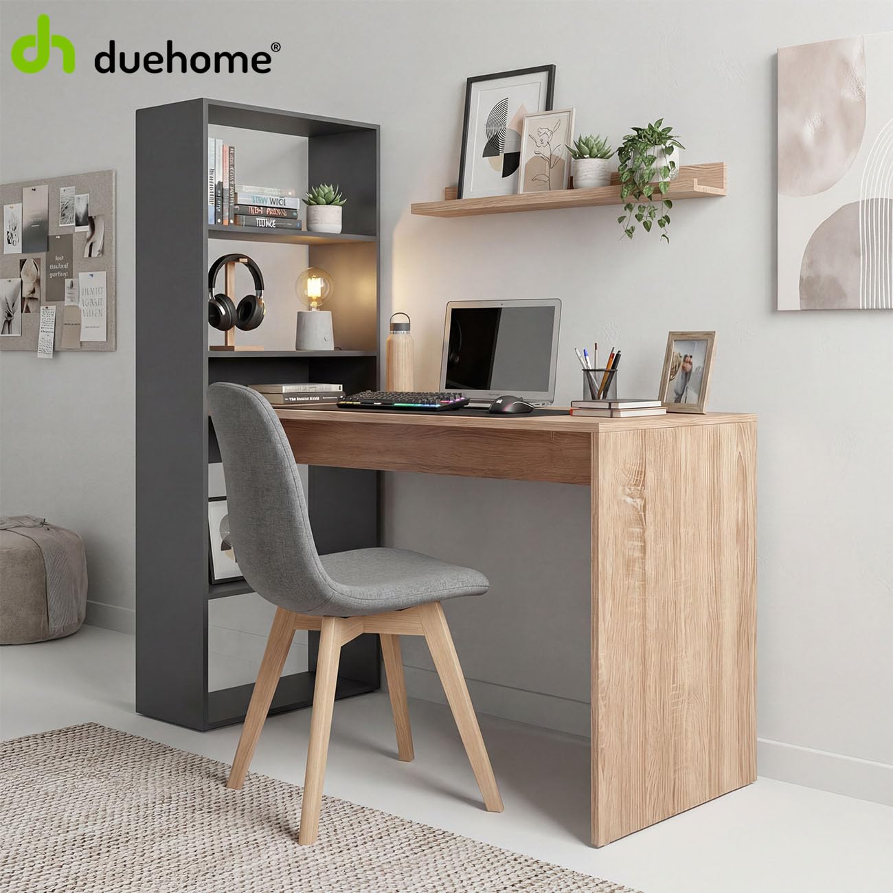 duehome | Escritorio Juvenil con Estanteria Reversible, Mesa de Ordenador, Modelo Cosmic, Acabado en Gris Antracita y Roble Canadian, Medidas: 120 cm (Largo) x 53 cm (Ancho) x 144 cm (Alto)