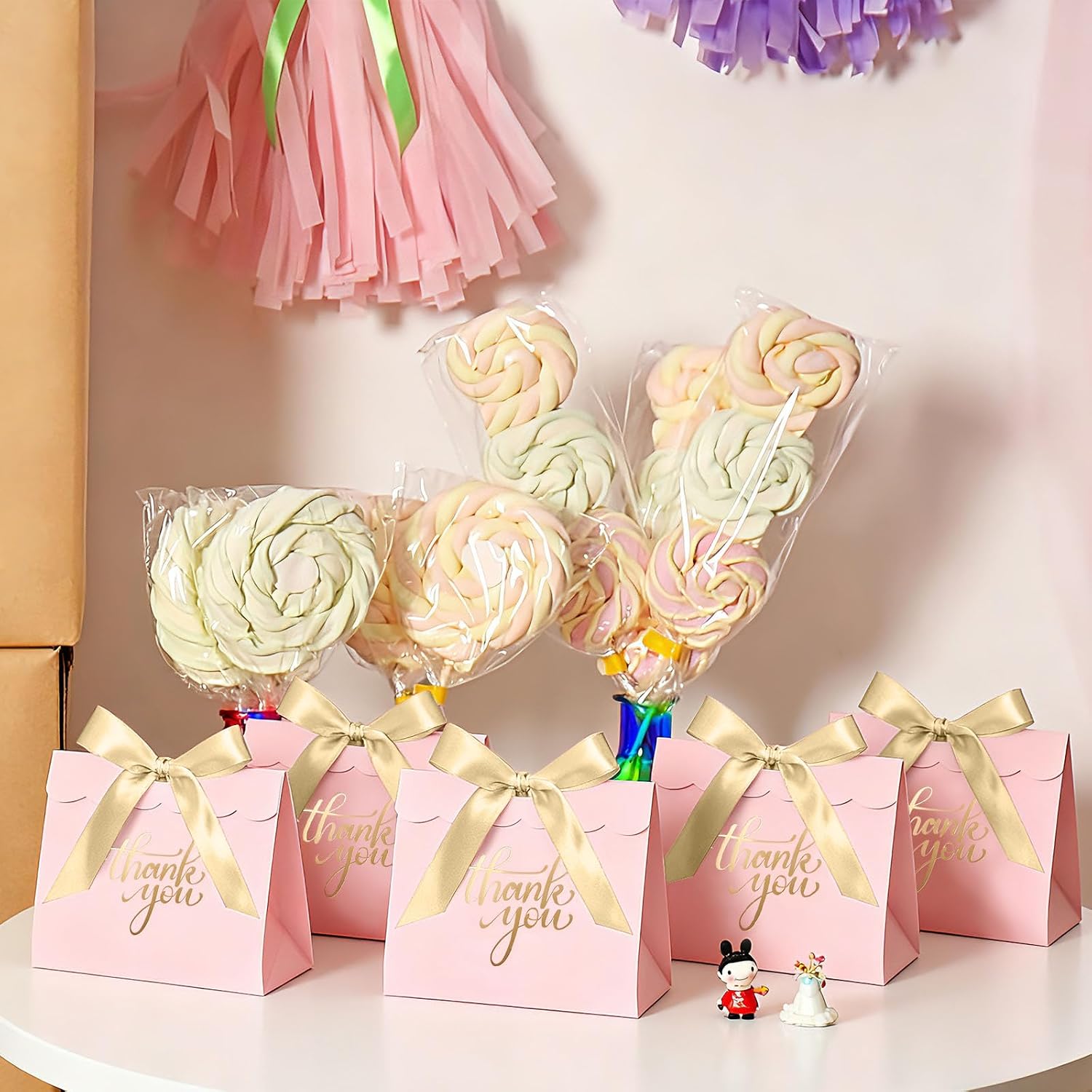 CINSOEN 24 PCS Small Thank You Gift Bags, 4.7x4.1x2.5 Inches Mini Baby Shower Favors Pink Party Favor Bags with Gold Ribbon Candy Gift Boxes for Valentine Wedding Bridal Birthday Party Classroom School image 5