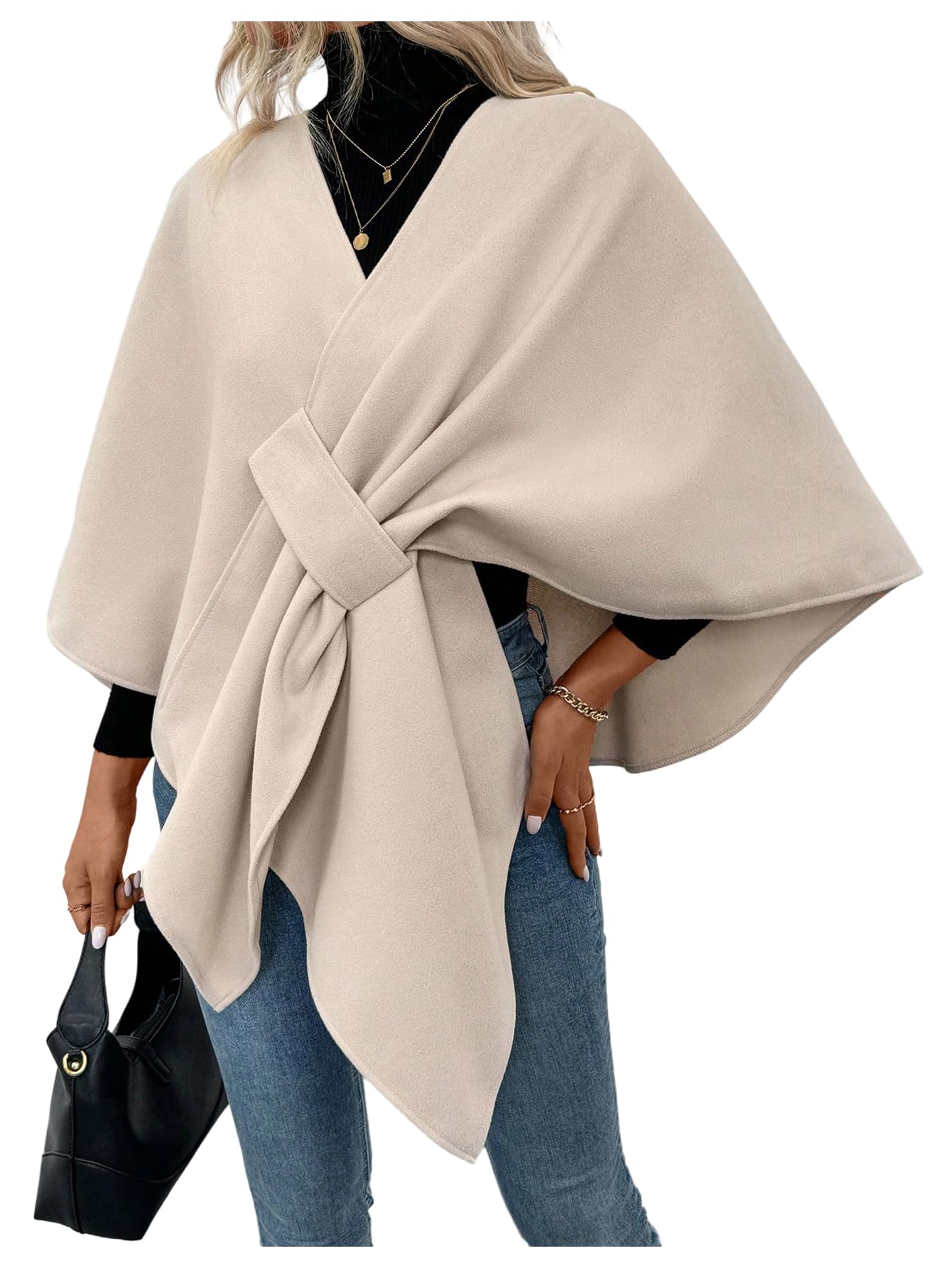 GORGLITTER Womens Twist Front Shawl Wraps V Neck Cape Open Front Business Casual Lightweight Poncho Cardigan
