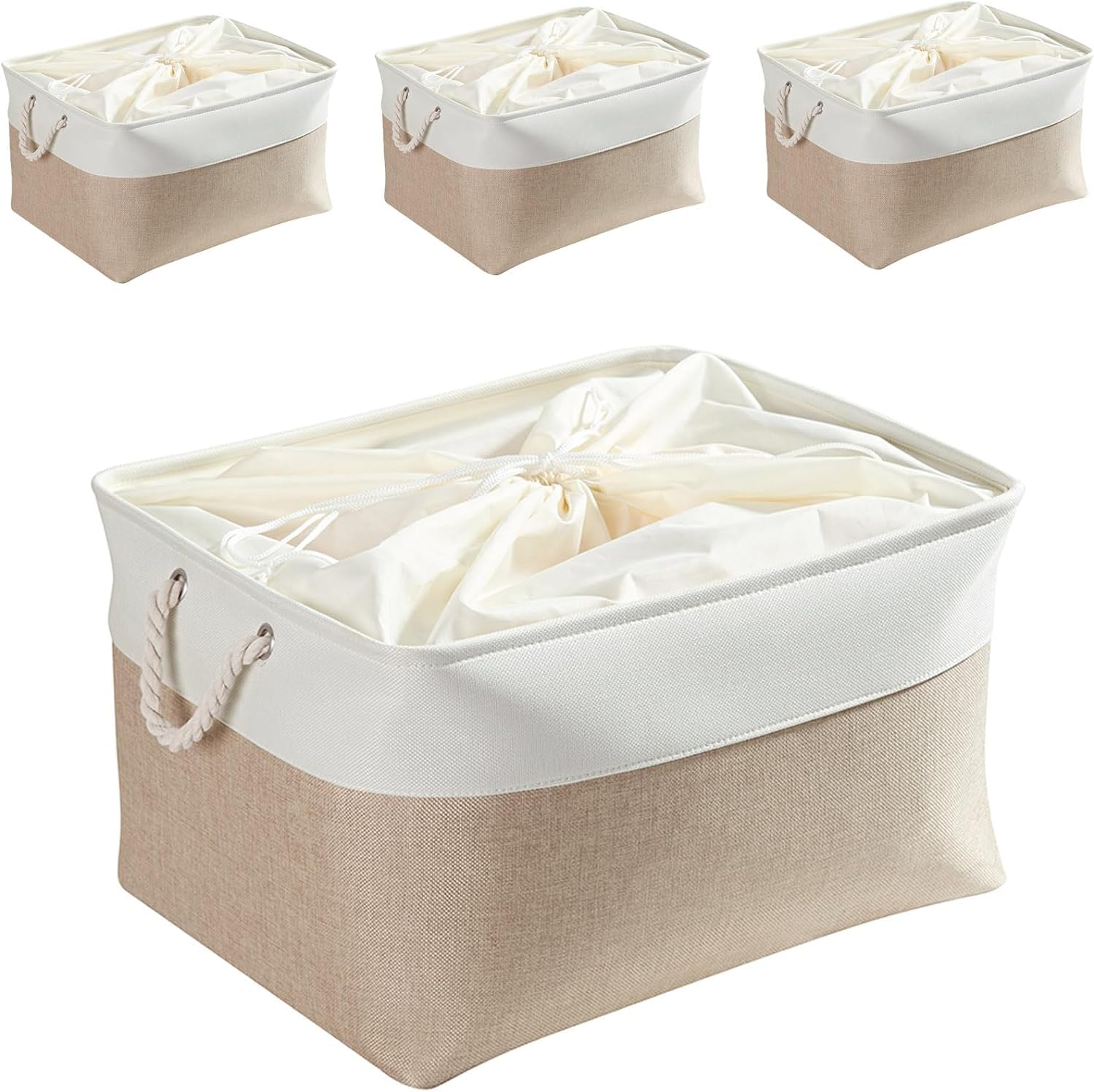 Mangata aufbewahrungskorb Stoff 4er Set, aufbewahrungsbox groß Schrank, Korb aufbewahrung Stoff mit Seil für Spielzeug, kleiderschrank, Regale, Kleidung (Faltbare,XL, Hell Khaki Weiß)