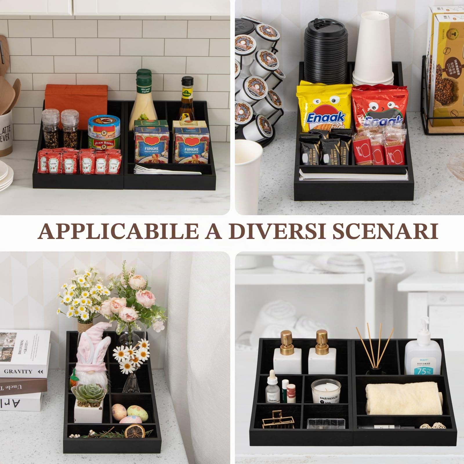 ANBOXIT Organizzatore di Stazione di Caffè per Piano Cucina, Vassoio di Servizio Condimenti, Organizzatore di Bar per Casa, Ufficio e Sala Pausa - Legno, Nero, 9 Scomparti, Due-in-Uno