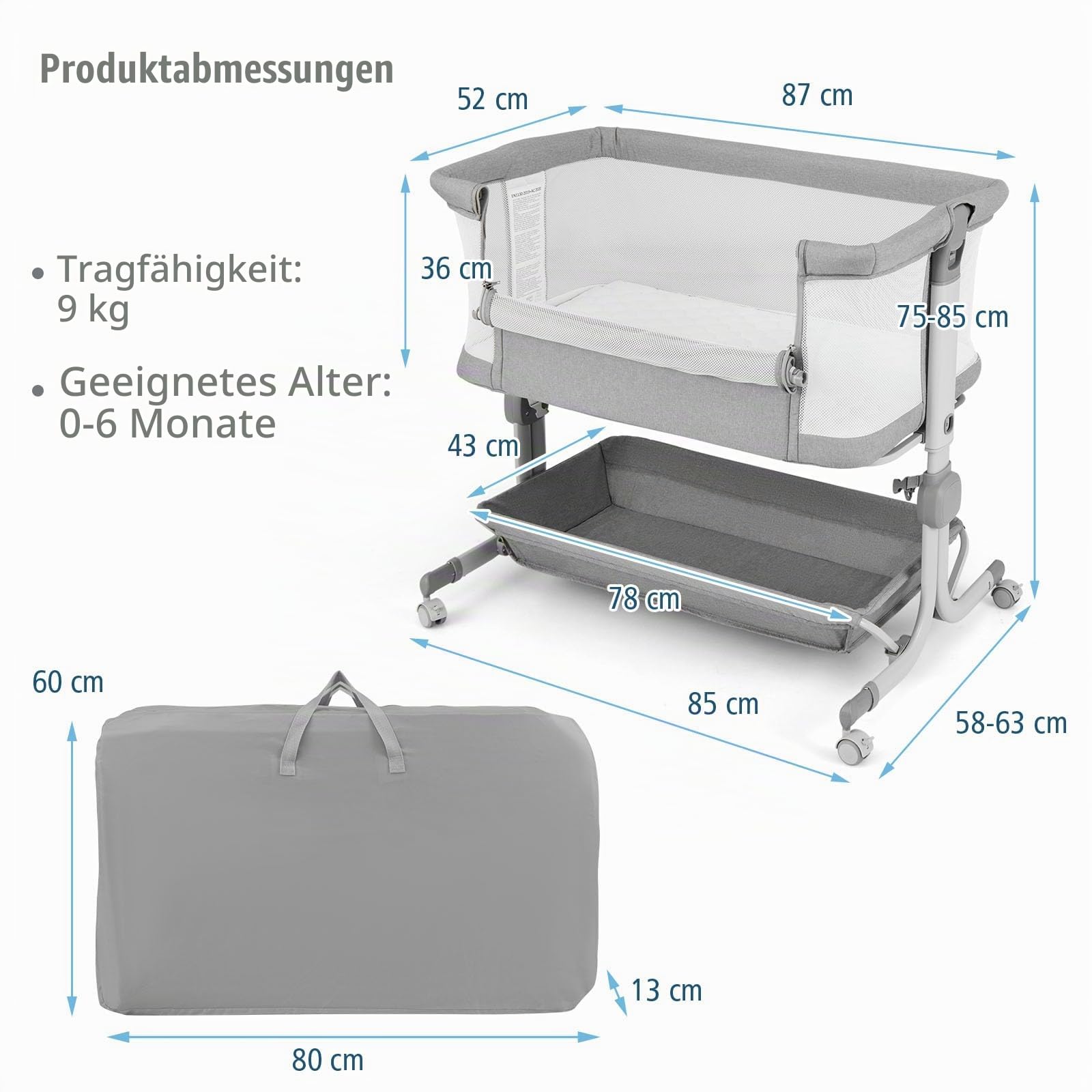 LIFEZEAL Baby Beistellbett 6 Stufig Höhenverstellbar, Babybett mit Matratze & Rollen, Tragbares Reisebett für Baby 0-6 Monate, Stubenwagen mit Aufbewahrungskorb (Hellgrau)