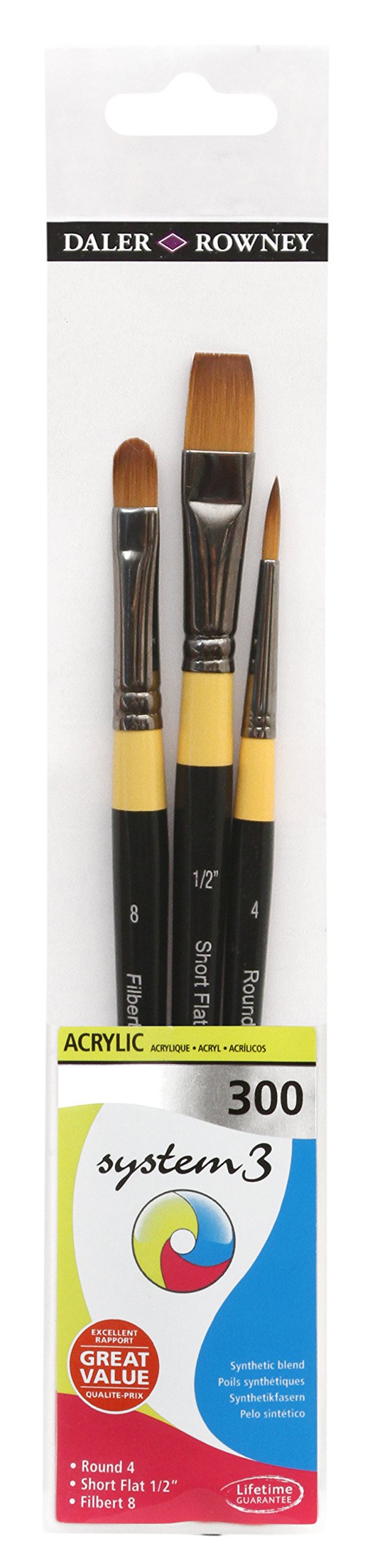 Daler-Rowney System3 Acrylic Brush, Synthetic Hair, Short Handle, Round, Short Flat and Filbert, , Wallet, Set 300, 3 Assorted brushes