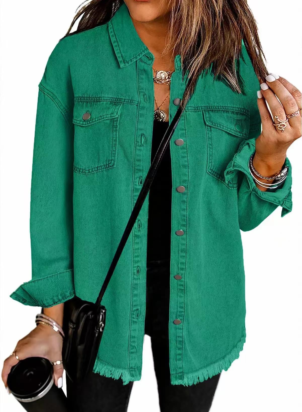 Chaqueta vaquera informal con botones y efecto desgastado para mujer, larga y ligera, extragrande