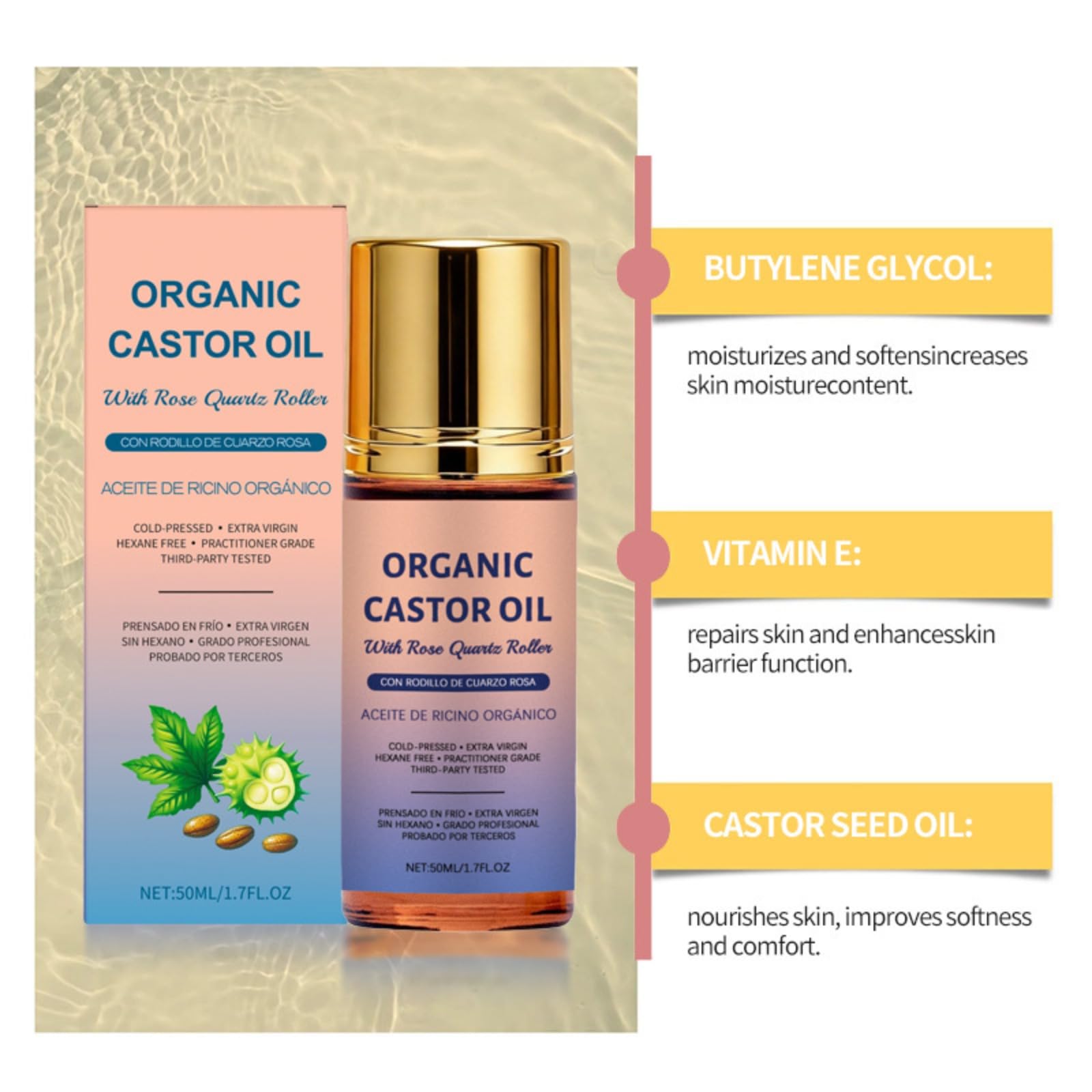 Organic Castor Oil Roll-On, Rose Quartz Roller, Cold Pressed, 50 ml