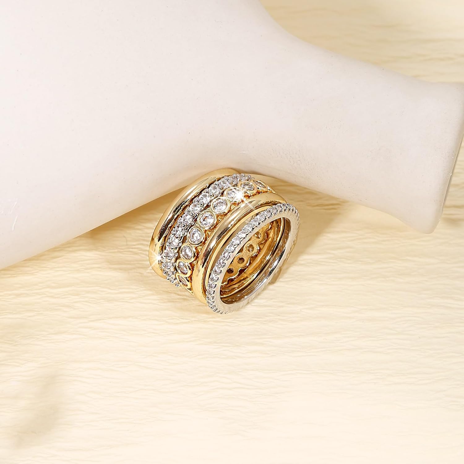 BOMAIL Stackable Rings for Women-Non Tarnish 18K Gold Plated Interlocking Rings Set Gold Silver Mixed Metal Statement Rings Dainty Cubic Zirconia CZ Connected Band Thumb Ring Jewelry for Women - Image 6