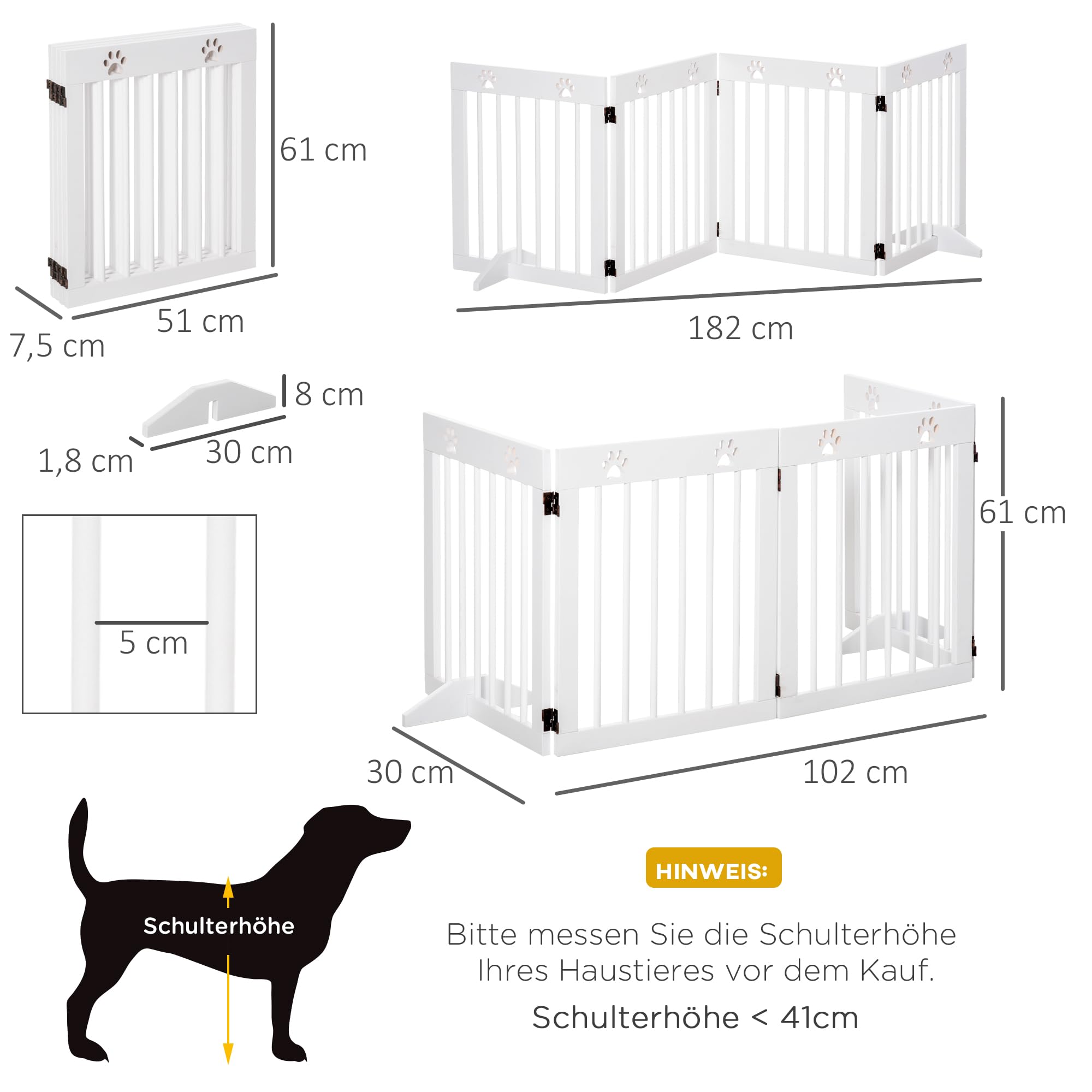 PawHut Absperrgitter Hund 4-teilig, 204 x 61 cm Faltbar Türschutzgitter mit 2 Stützfüßen, Freistehend Hundegitter, Treppengitter aus Holz für Flur, Treppe, Weiß