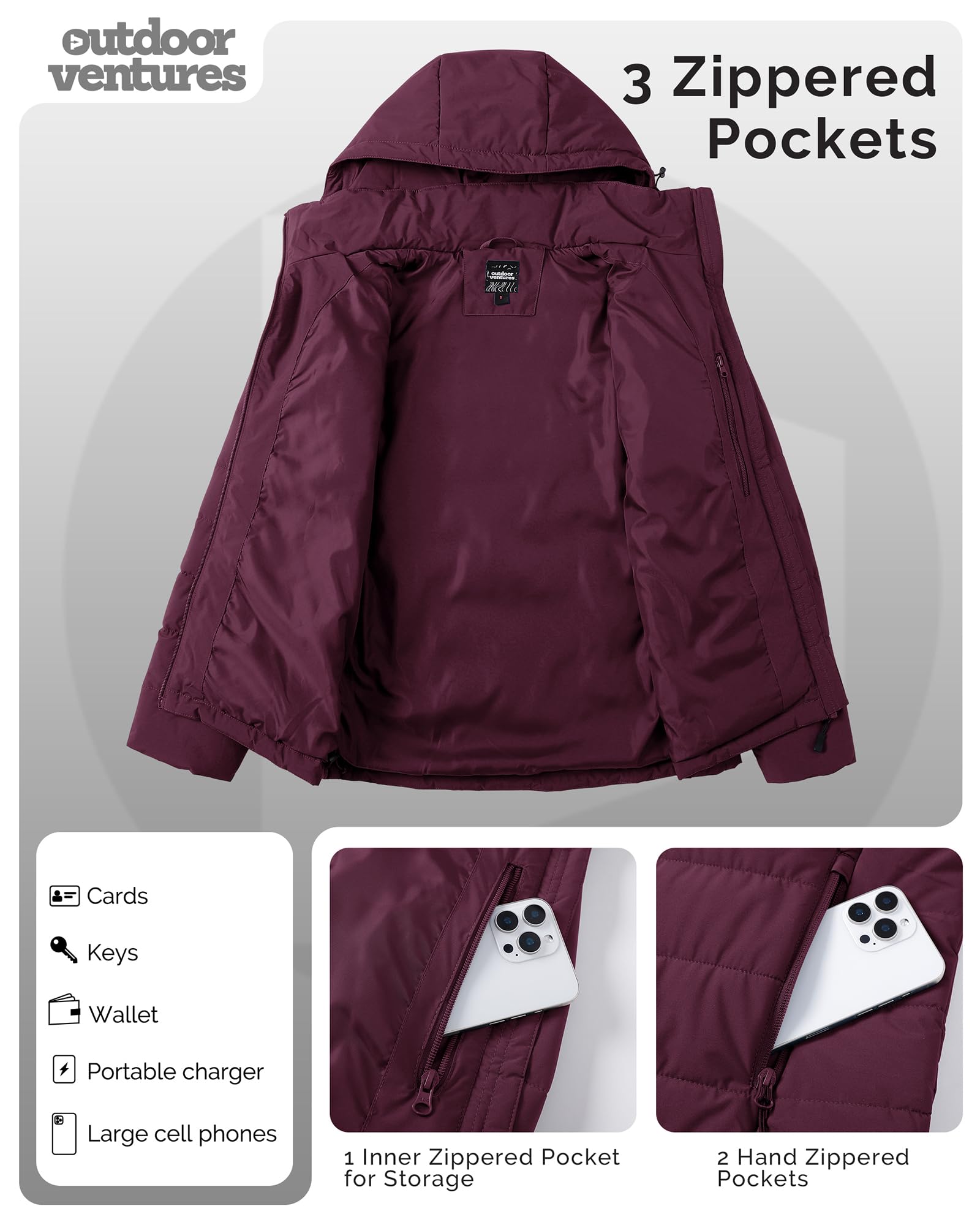 Outdoor Ventures Chaqueta impermeable para mujer, cálida chaqueta de invierno con capucha, ligera, acolchada, para senderismo, camping, viajes