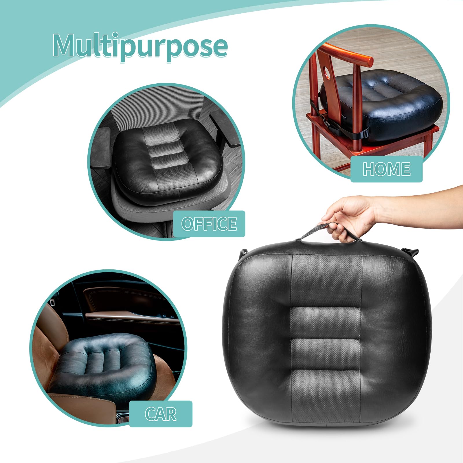 YOUFI Cojín de asiento de piel sintética para silla de oficina, asiento elevador grueso, relleno completo para apoyo, con funda de piel transpirable, asa y hebilla, alivia el dolor de espalda (45 x 40