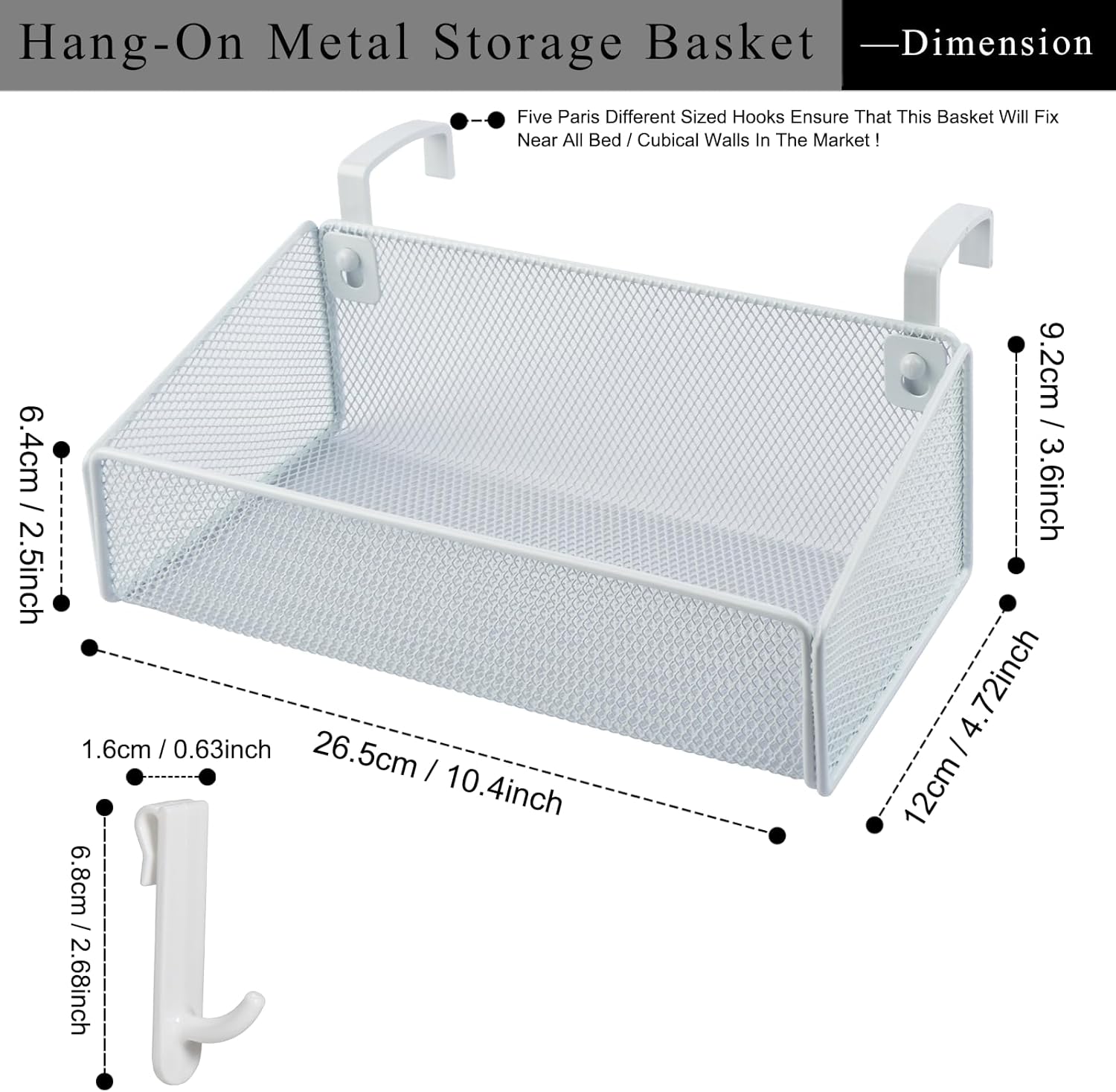 Bedside Caddy Shelf Hanging Storage Basket for Bunk Bed and Office Cubical Walls,Baby Bed Rails,College Dorm Bed Organizer - 5 Pairs Sized Hooks-for Phone Glass Magazine Decor (White) - Image 2