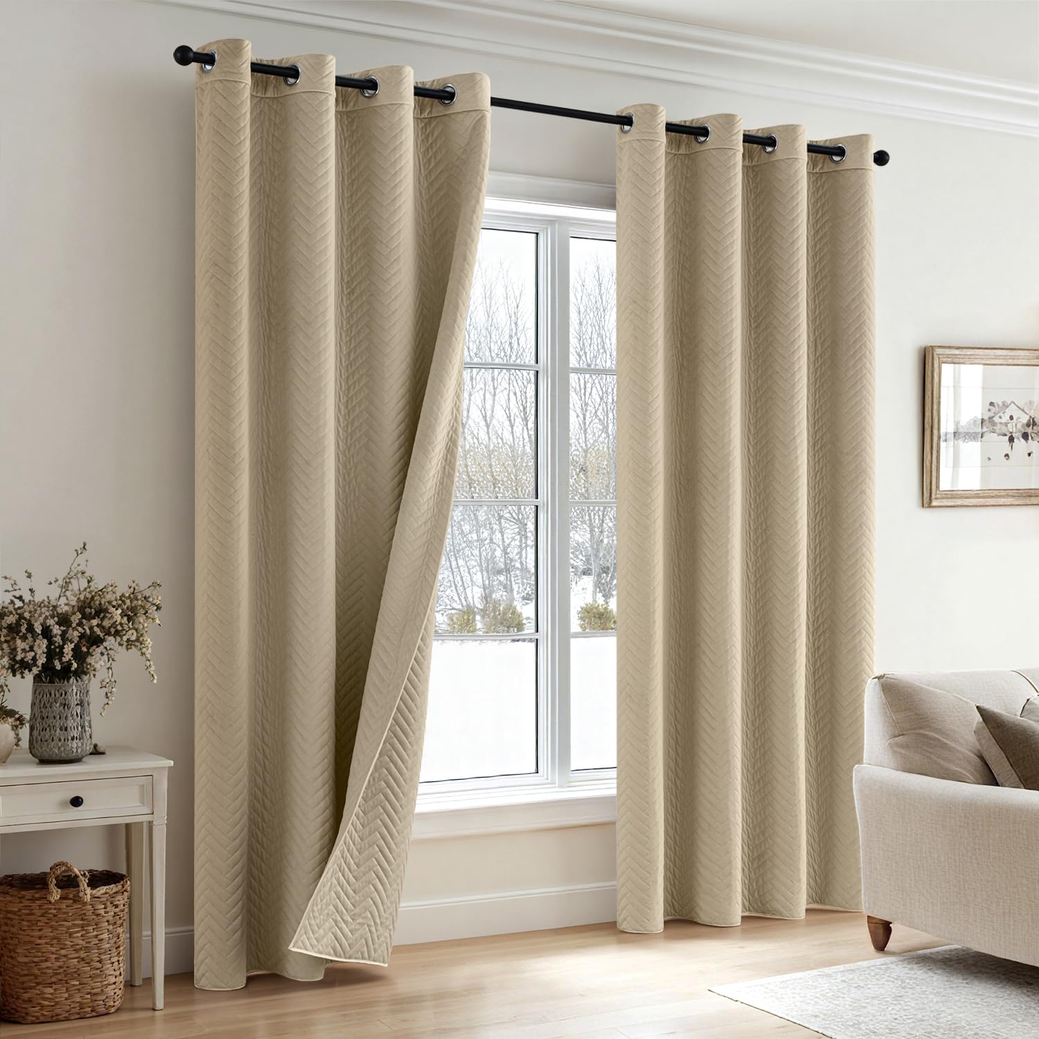 MIULEE Tende Oscuranti Termiche in Velluto Doppia Faccia 280GSM - Tenda Isolante a Occhielli per Interni, Freddo e Caldo, 1 Pezzo, L 132 x A 200 cm, Beige