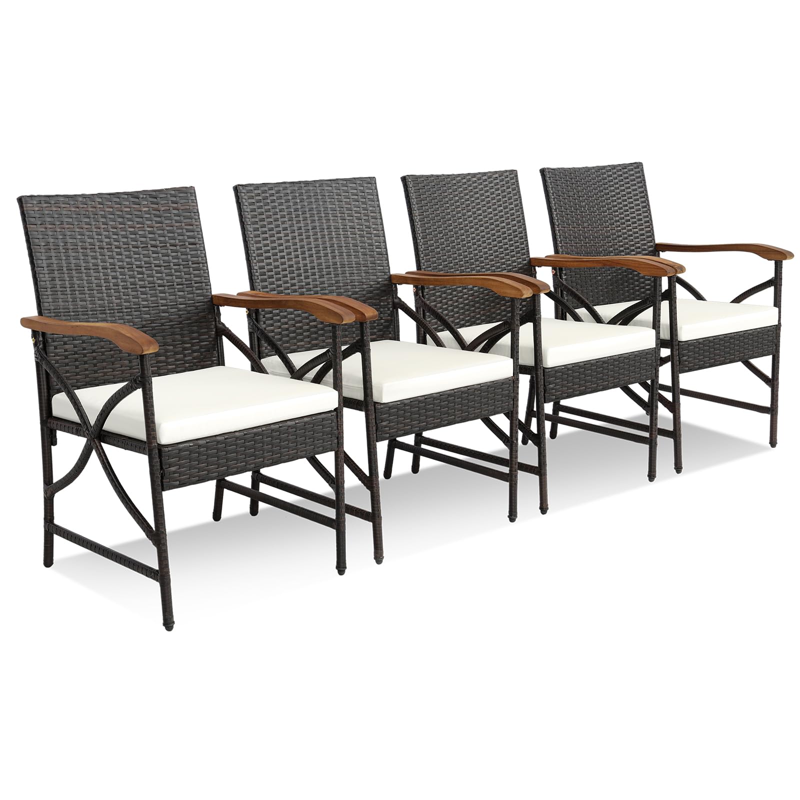 COSTWAY Garden Dining Chairs Set of 4, Outdoor Wicker Rattan Chairs with Zippered Removable Cushions & Acacia Wood Armrests, All-Weather Patio Bistro Armchairs for Balcony, Backyard Lawn Poolside