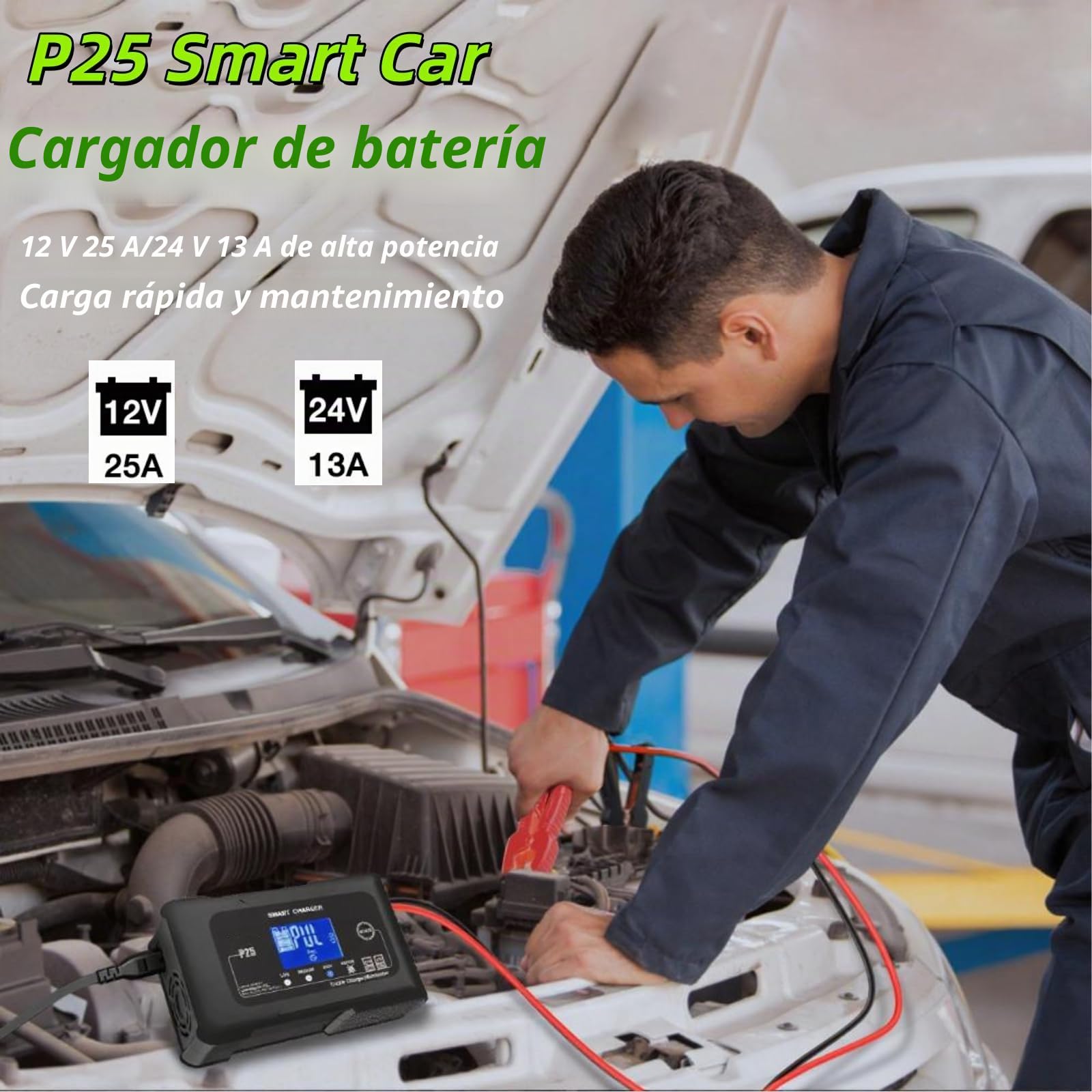 Cargador y mantenedor de batería Inteligente para Coche de 12V/24V y 25A,con 9 etapas de Carga y Pantalla LCD,4 Modos seleccionables para litio/LiFePo4/plomo-ácido/AGM,Compatible con Varios vehículos