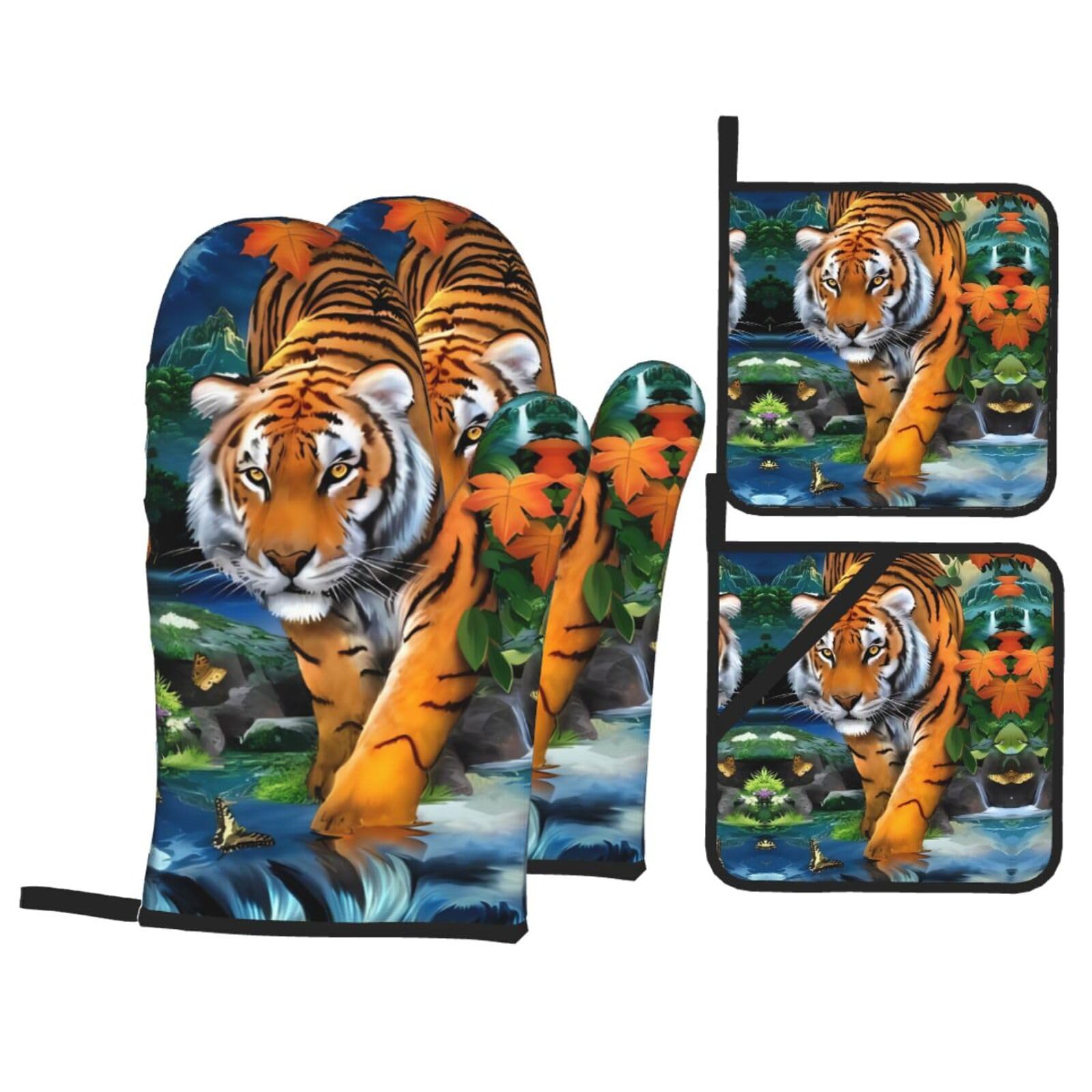WHJSHOP tiger Prints Oven Mitts & Pot Holders Set - Waterproof Kitchen Layers & Heat Resistant - Durable Covers for Safe Cooking & Easy Cleanup