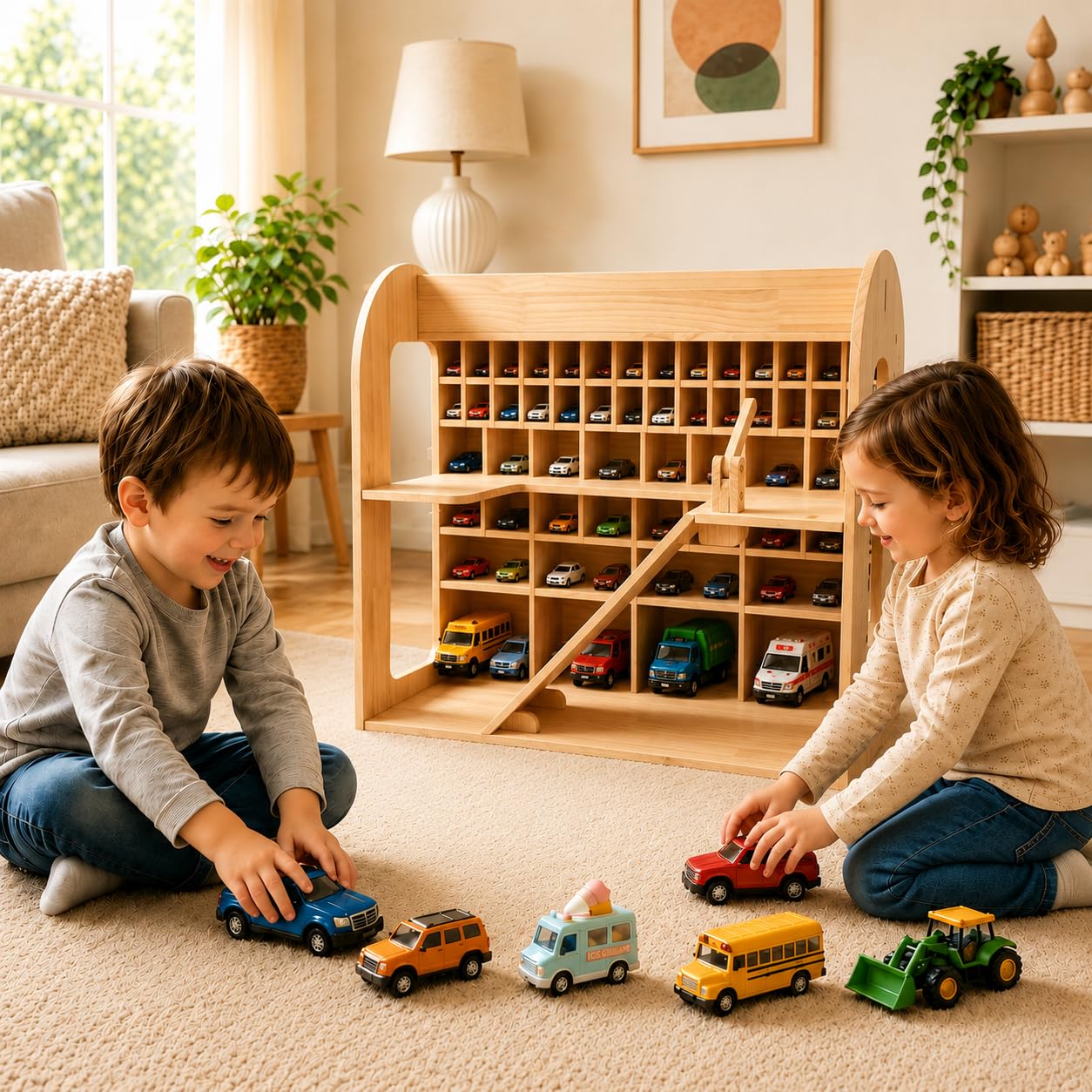 Garage per auto giocattolo in legno, garage in legno di pino con rampa, organizer per veicoli per bambini, scaffale espositore a più livelli per sala giochi, regalo per ragazzi e ragazze
