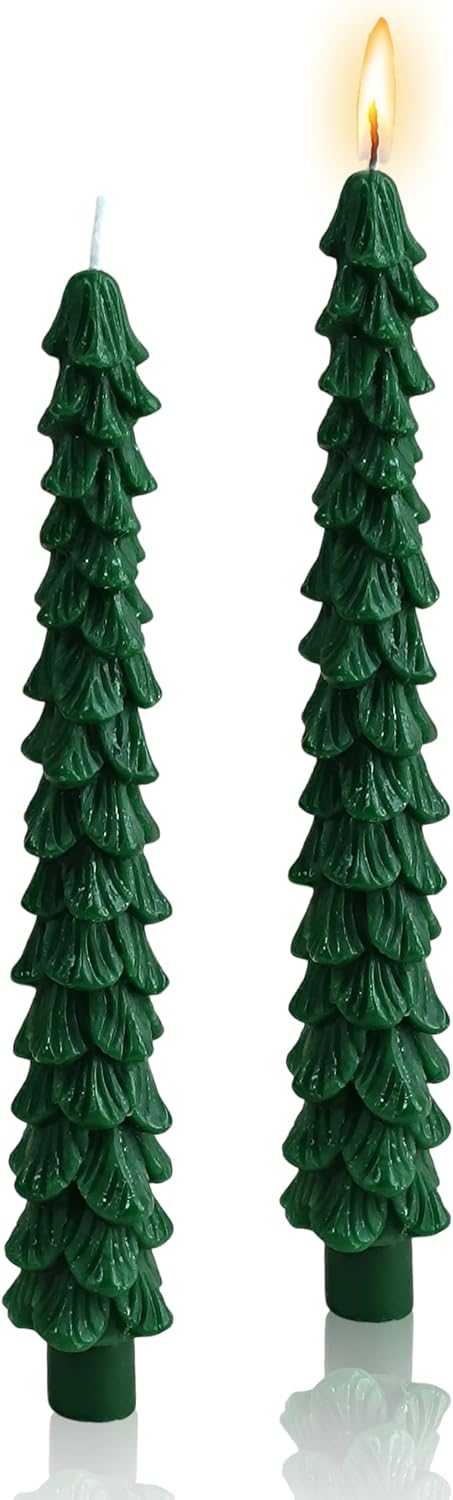 Christmas Tree Shaped Taper Candles, 9.8 Inch Unscented Tree Candle Decorative Christmas Tree Candles Gift for Christmas Festival Celebration Decor, 4PCS, Dark Green